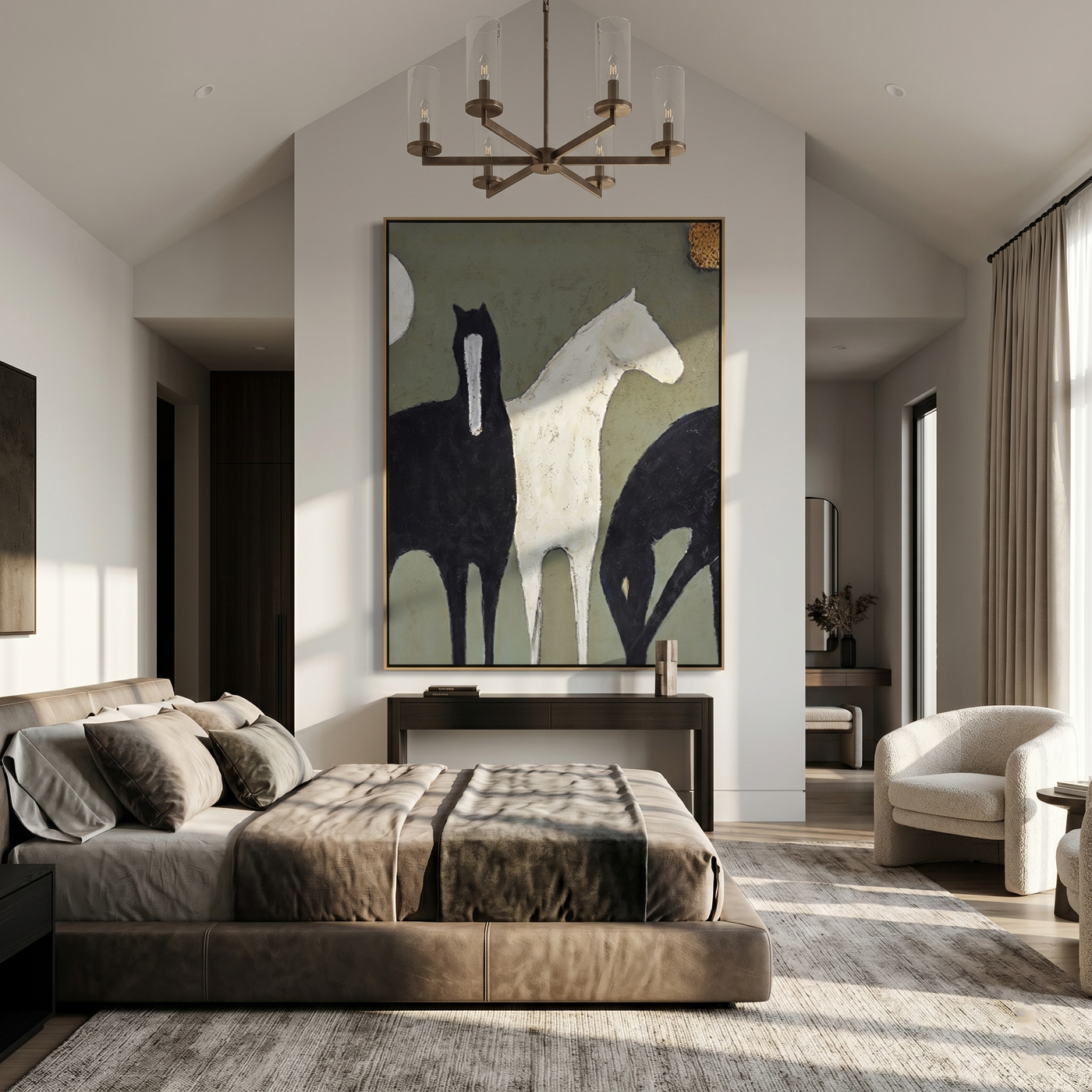 Three Horses Cross Sage — gray and black modern figurative vintage americana art, set of 2 hand-painted canvas art – view 2