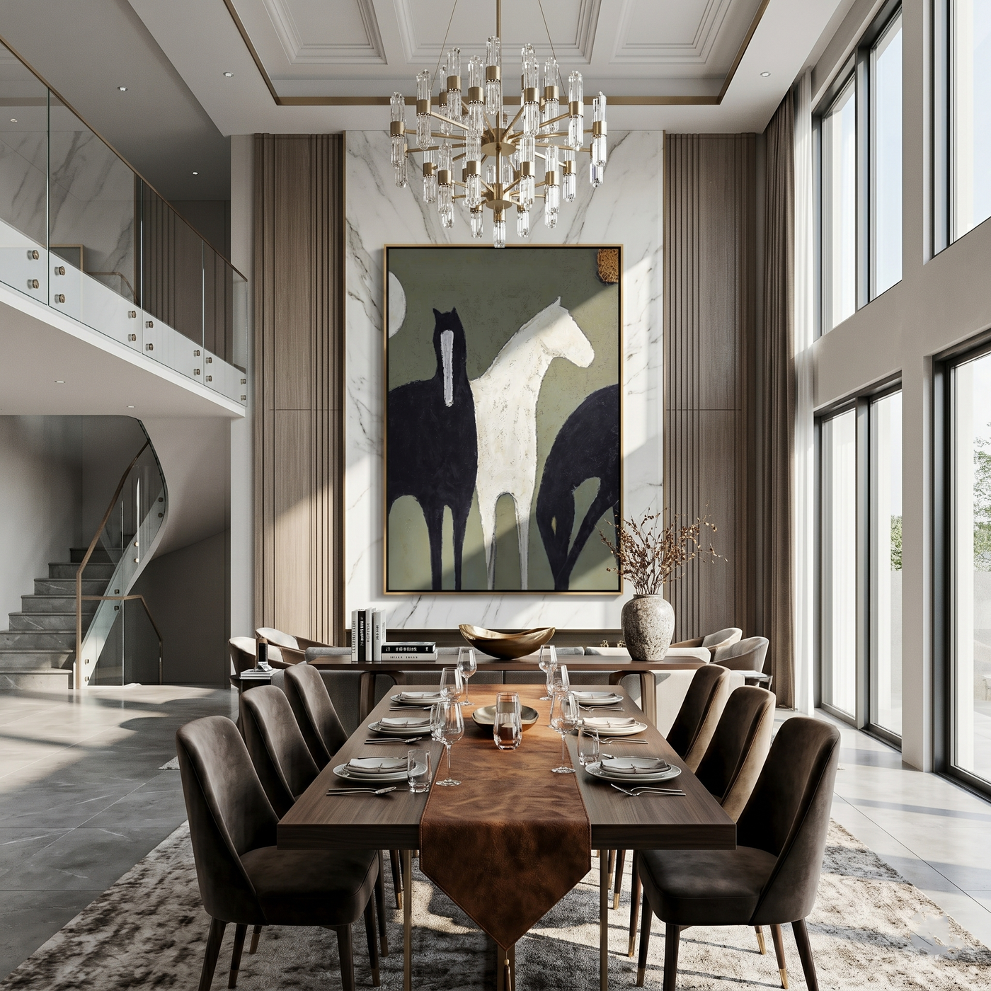 Three Horses Cross Sage — gray and black modern figurative vintage americana art, set of 2 hand-painted canvas art – view 3