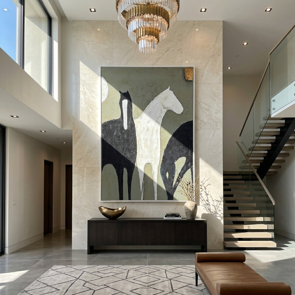 Three Horses Cross Sage — gray and black modern figurative vintage americana art, set of 2 hand-painted canvas art – view 4