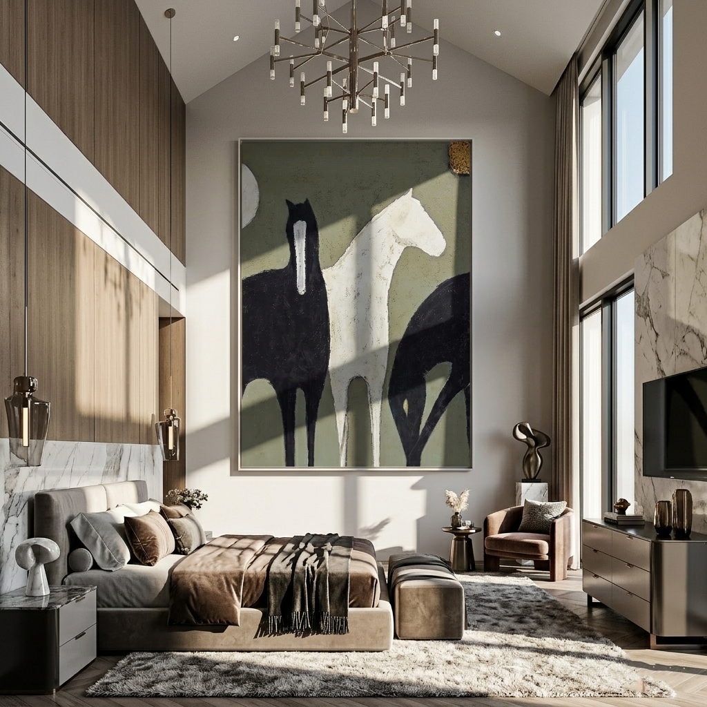 Three Horses Cross Sage — gray and black modern figurative vintage americana art, set of 2 hand-painted canvas art – view 5