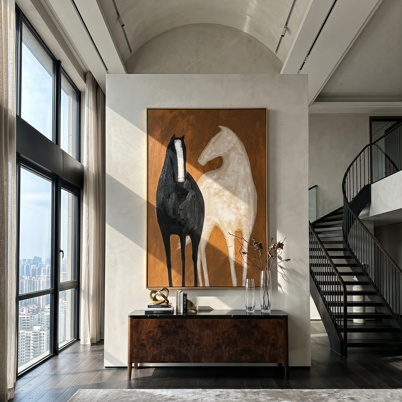 Black and Ivory Stand — brown and black modern figurative vintage americana art, set of 2 hand-painted canvas art – view 3