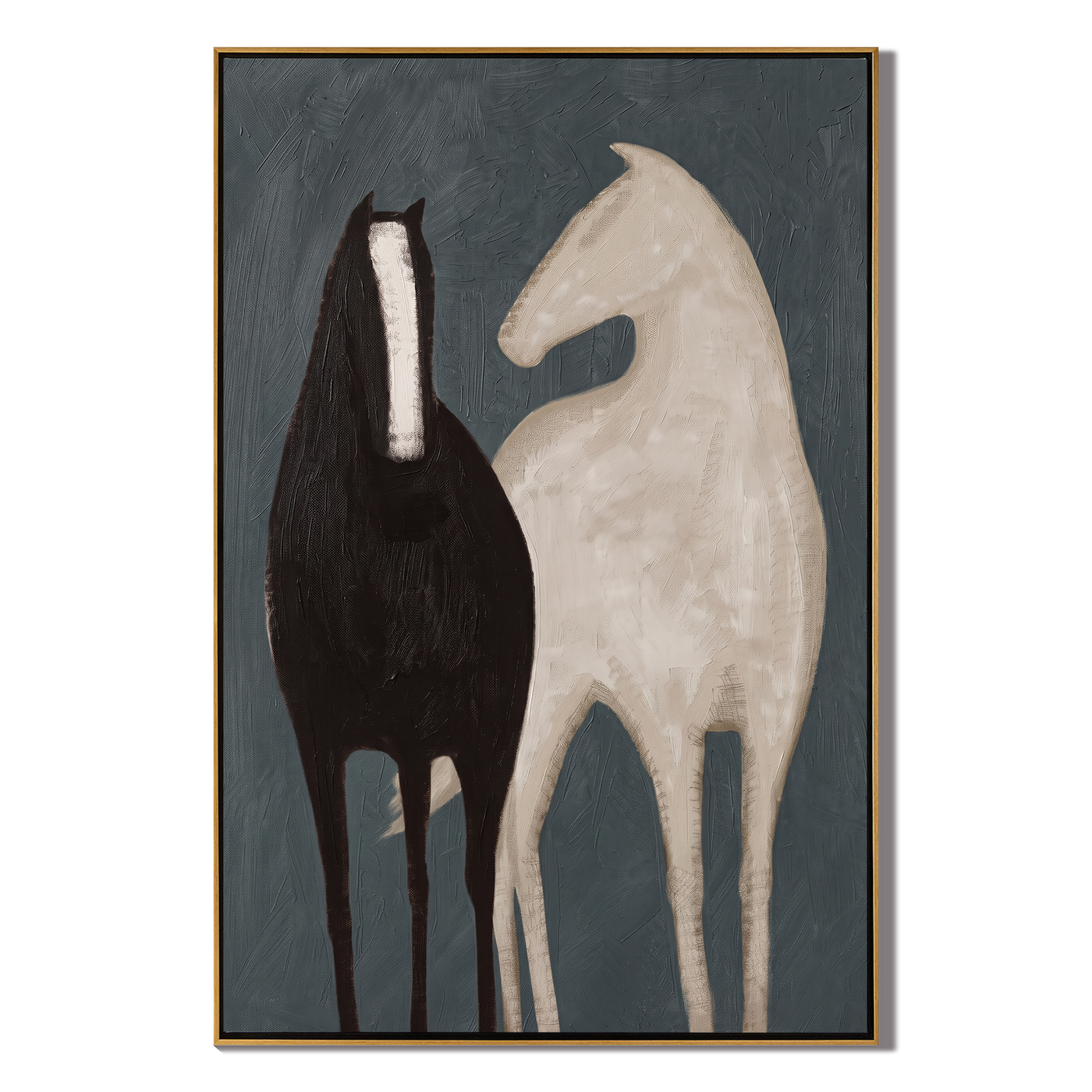 Night Horse Meets Ivory — gray and black modern figurative vintage americana art, set of 2 hand-painted canvas art – view 1
