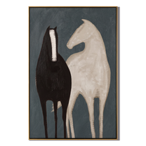 Night Horse Meets Ivory — gray and black modern figurative vintage americana art, set of 2 hand-painted canvas art – view 1