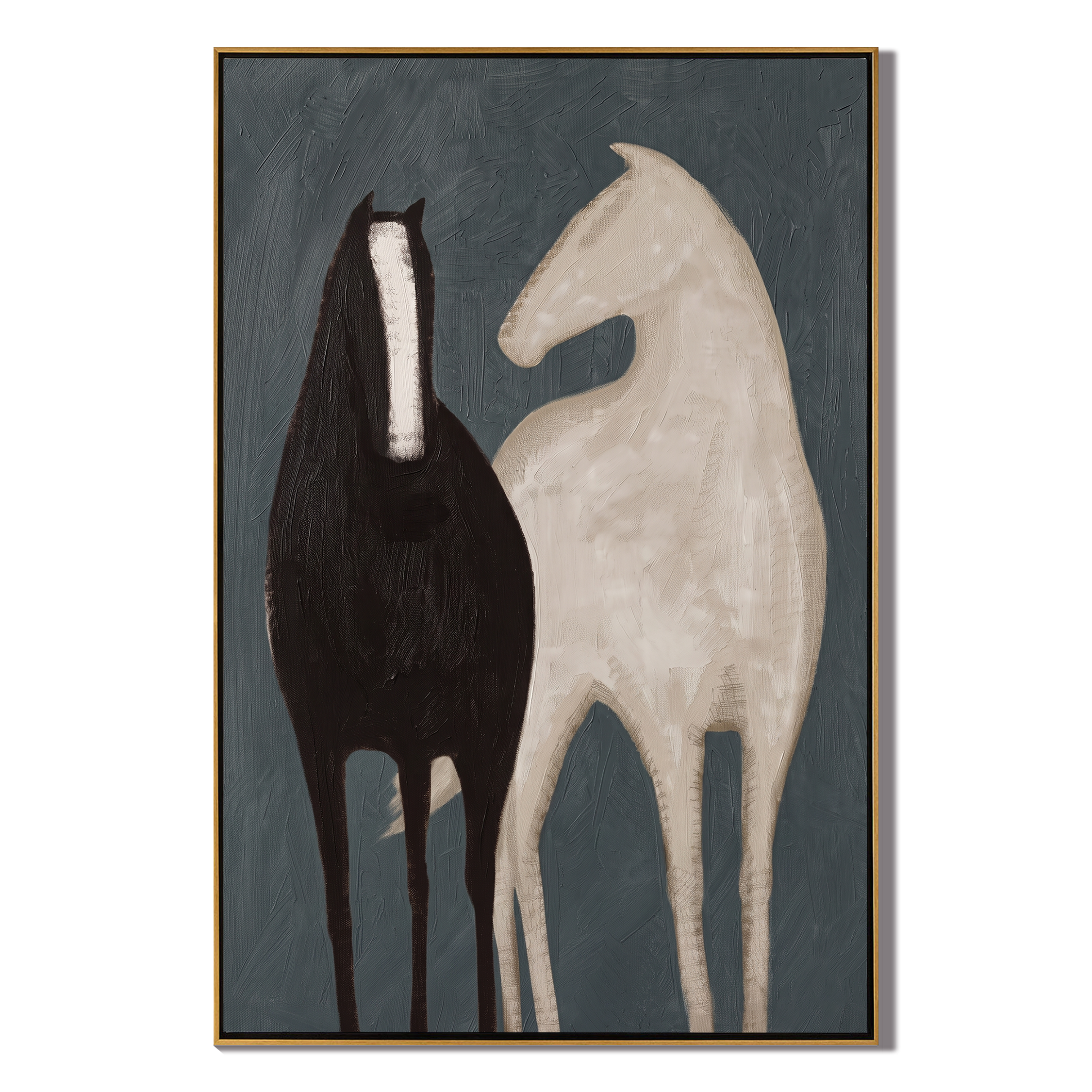 Night Horse Meets Ivory — gray and black modern figurative vintage americana art, set of 2 hand-painted canvas art – view 1