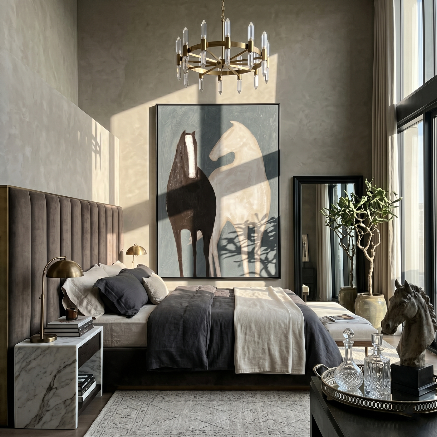 Night Horse Meets Ivory — gray and black modern figurative vintage americana art, set of 2 hand-painted canvas art – view 4
