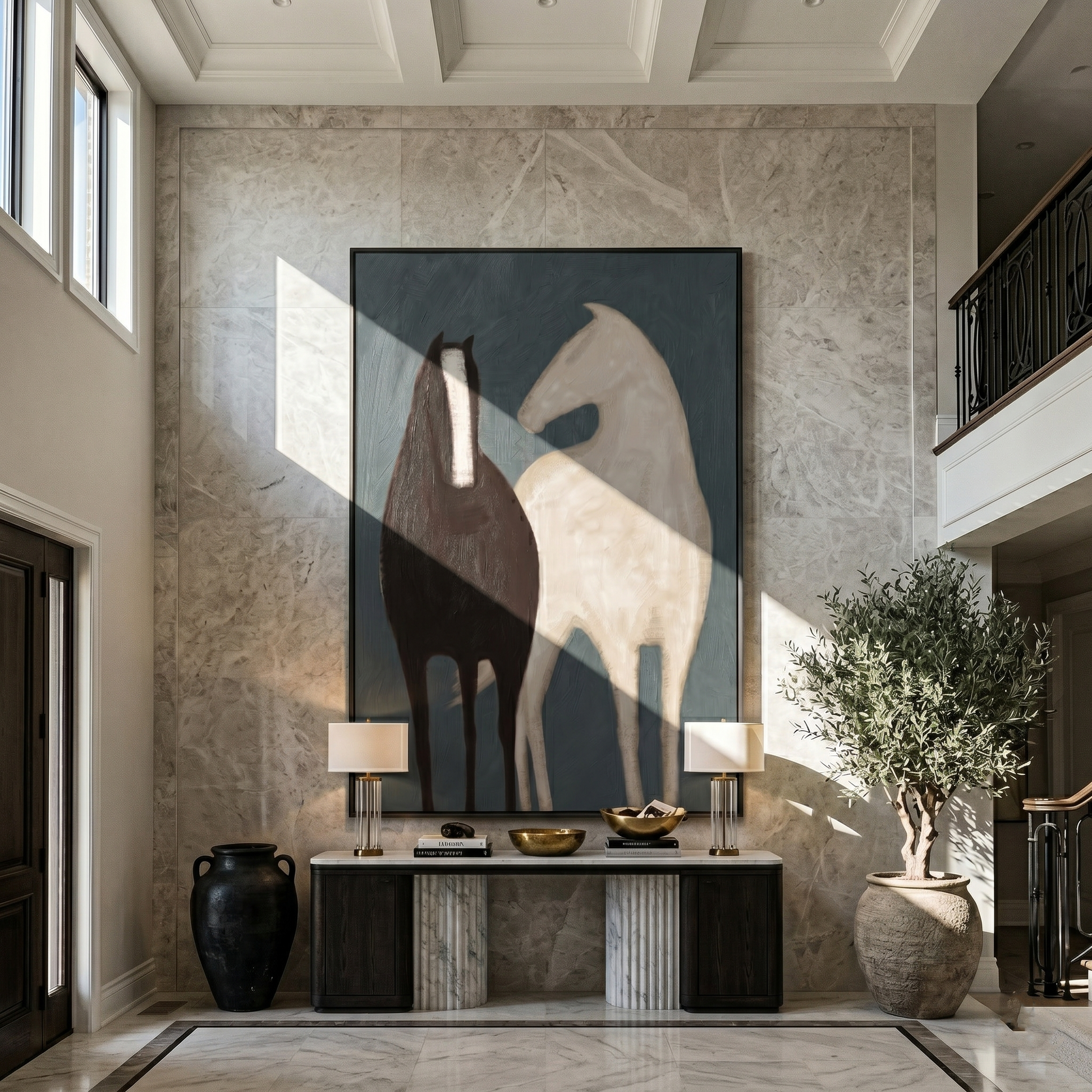 Night Horse Meets Ivory — gray and black modern figurative vintage americana art, set of 2 hand-painted canvas art – view 5