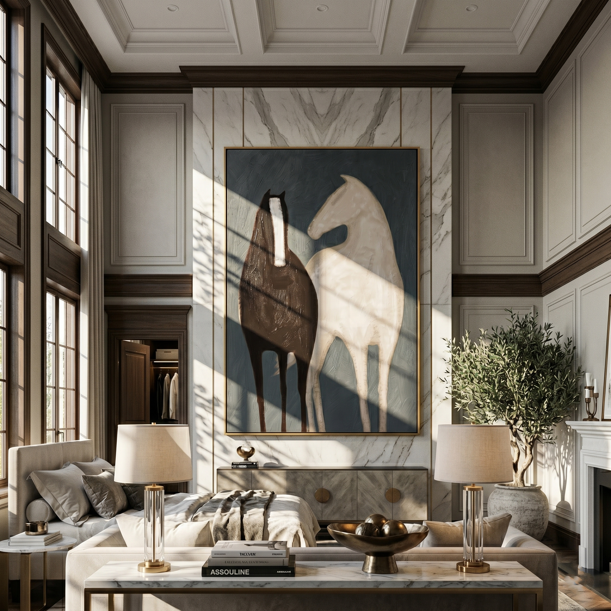 Night Horse Meets Ivory — gray and black modern figurative vintage americana art, set of 2 hand-painted canvas art – view 6