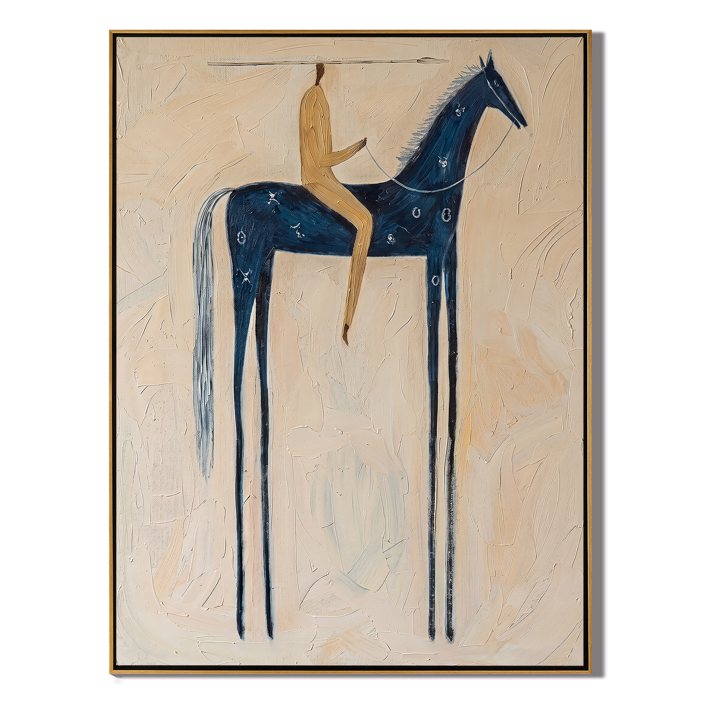 Blue Horse Crosses Cream — brown and gray modern figurative vintage americana art, set of 2 hand-painted canvas art – view 1