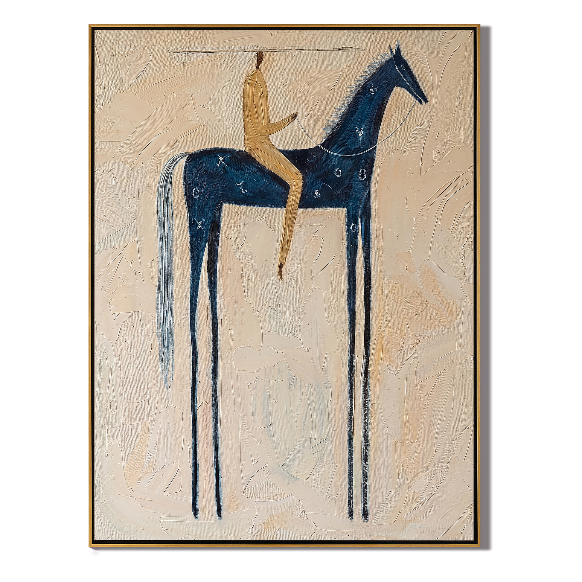 Blue Horse Crosses Cream — brown and gray modern figurative vintage americana art, set of 2 hand-painted canvas art – view 1