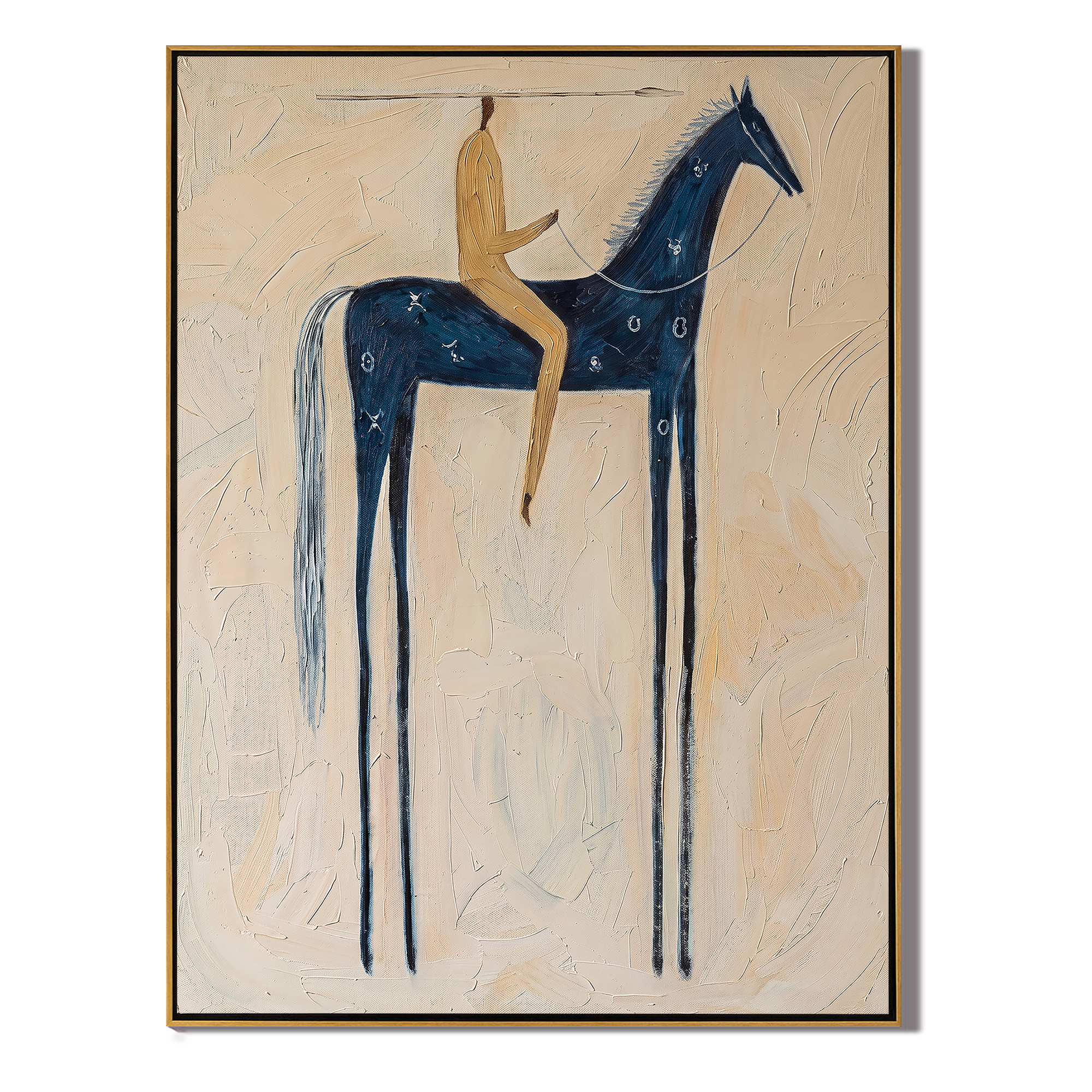 Blue Horse Crosses Cream — brown and gray modern figurative vintage americana art, set of 2 hand-painted canvas art – view 1