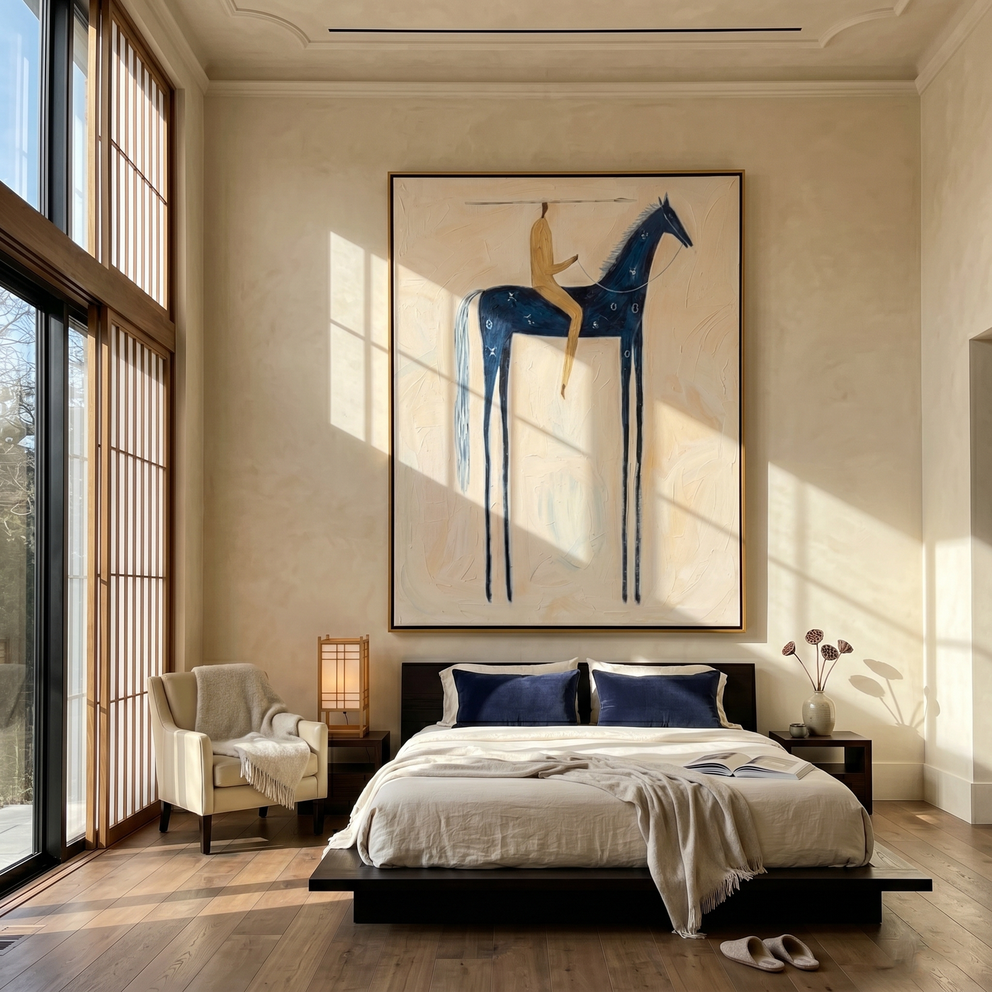 Blue Horse Crosses Cream — brown and gray modern figurative vintage americana art, set of 2 hand-painted canvas art – view 3