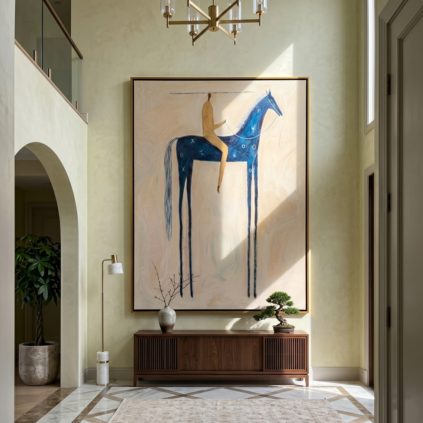 Blue Horse Crosses Cream — brown and gray modern figurative vintage americana art, set of 2 hand-painted canvas art – view 4