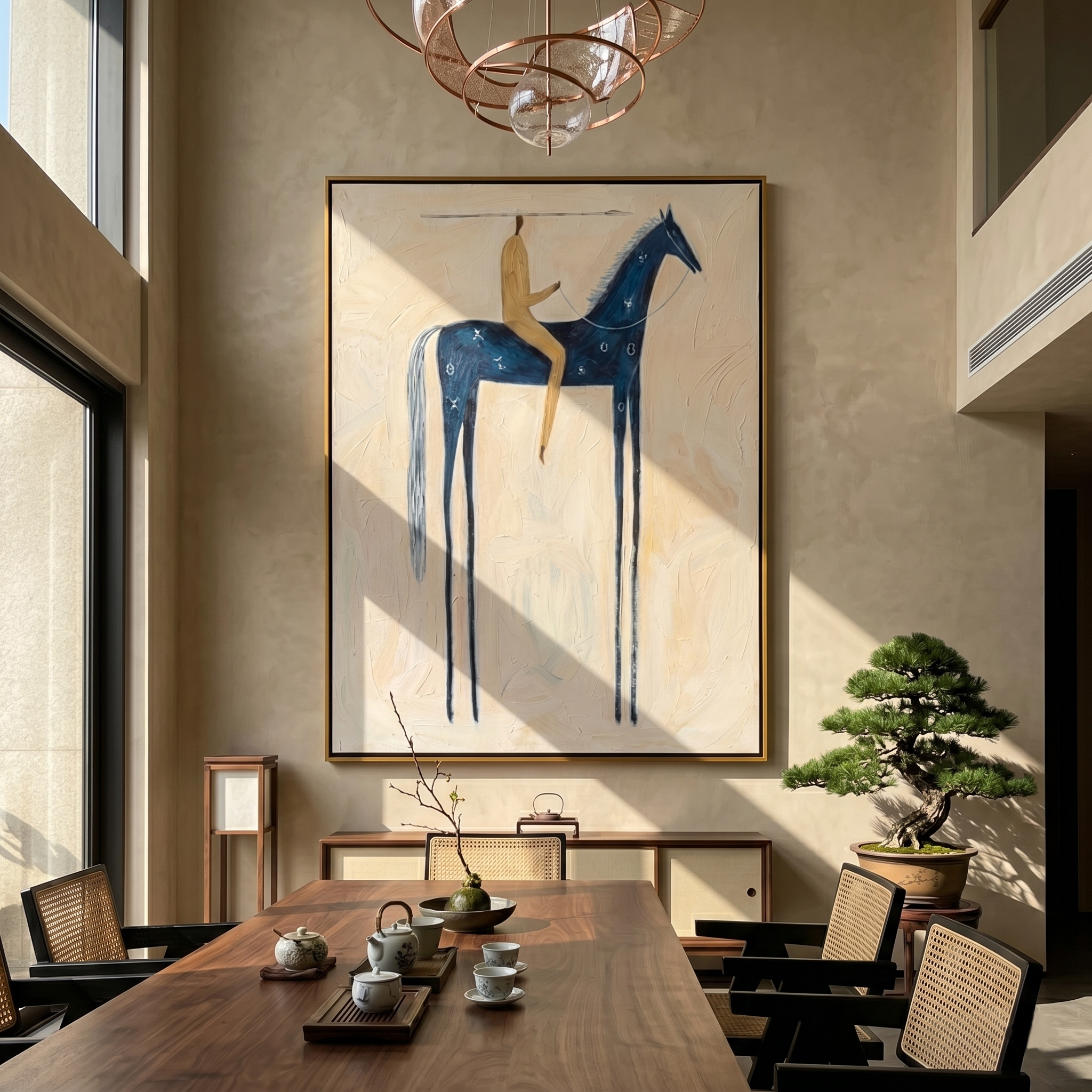 Blue Horse Crosses Cream — brown and gray modern figurative vintage americana art, set of 2 hand-painted canvas art – view 5