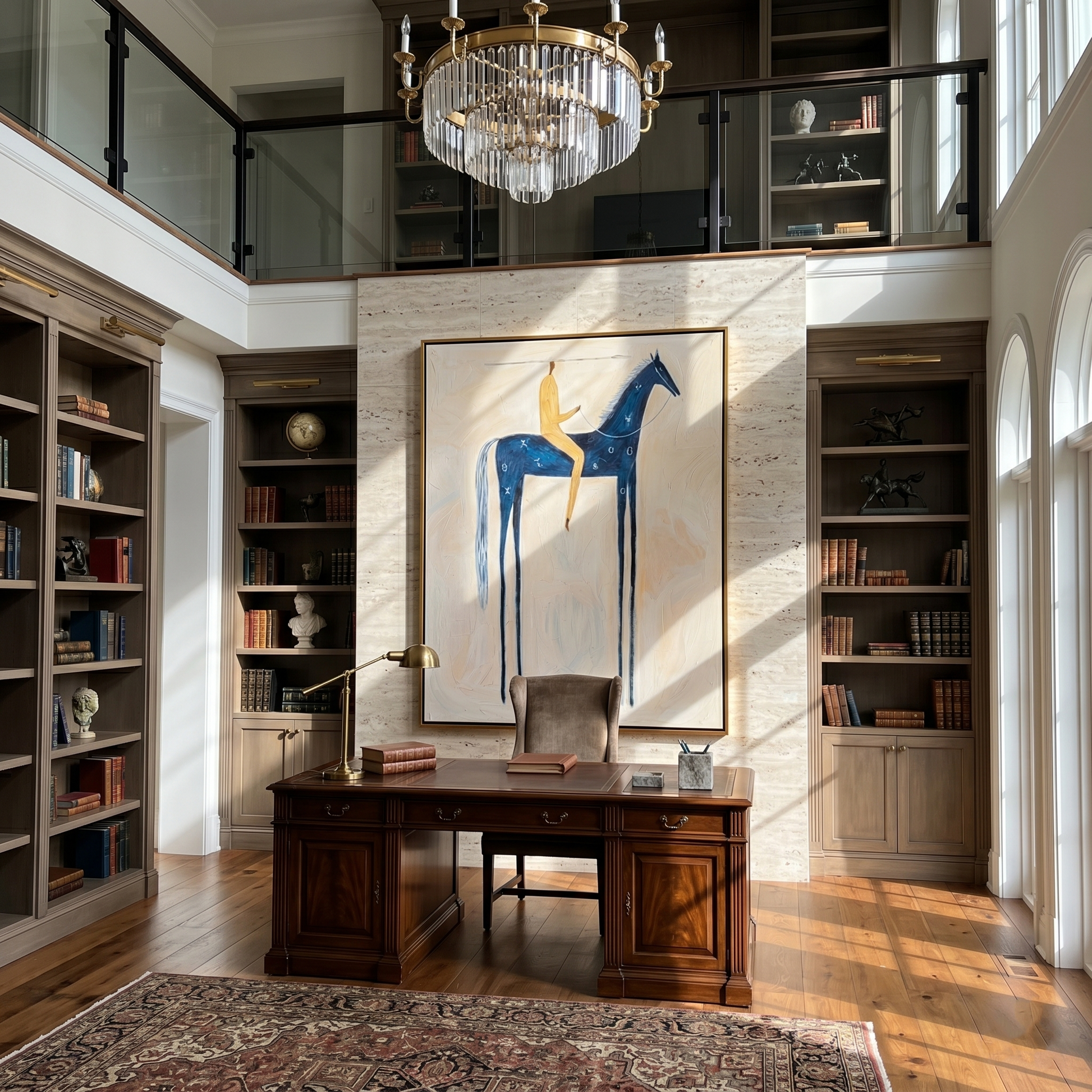 Blue Horse Crosses Cream — brown and gray modern figurative vintage americana art, set of 2 hand-painted canvas art – view 6
