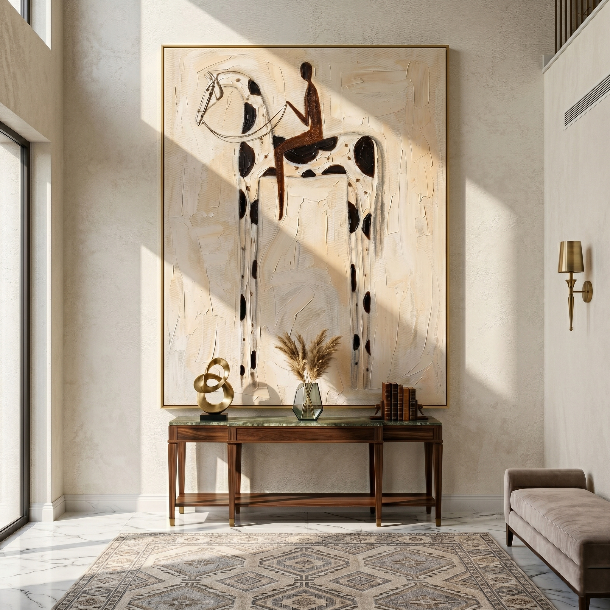 White Horse Carries Shadow — brown and gray modern figurative vintage americana art, set of 2 hand-painted canvas art – view 2