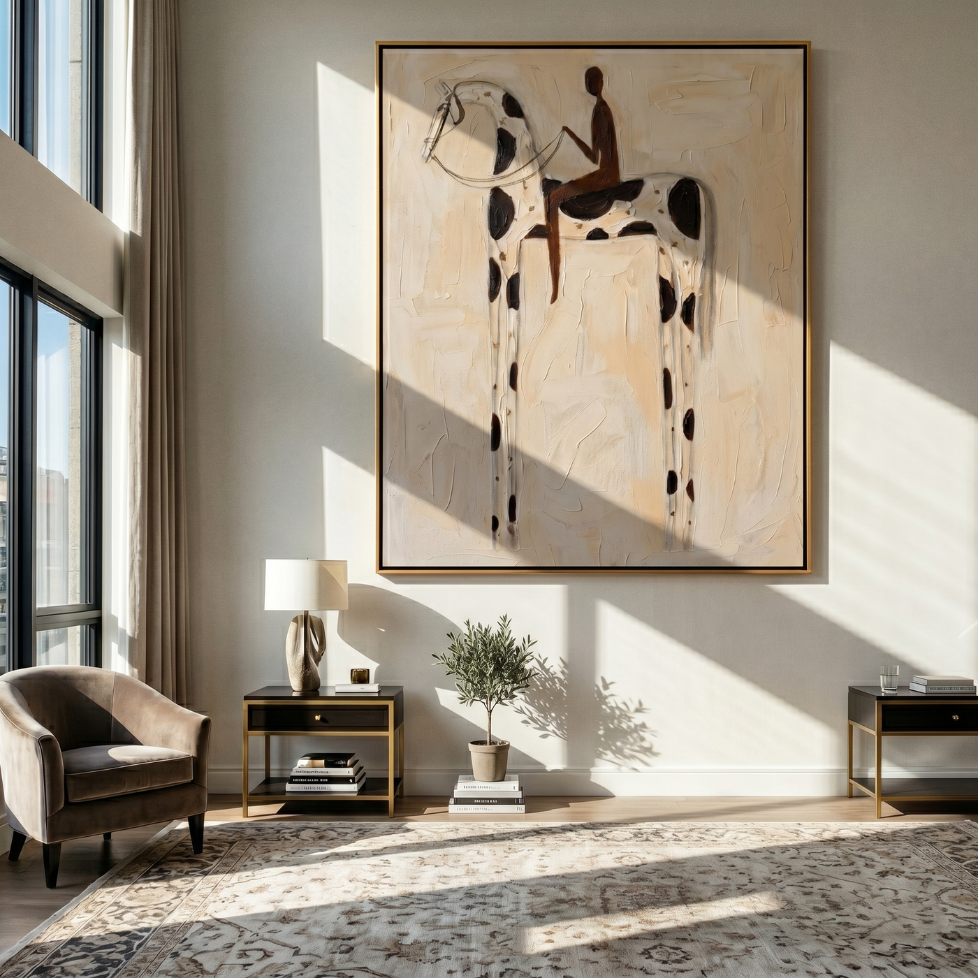 White Horse Carries Shadow — brown and gray modern figurative vintage americana art, set of 2 hand-painted canvas art – view 4