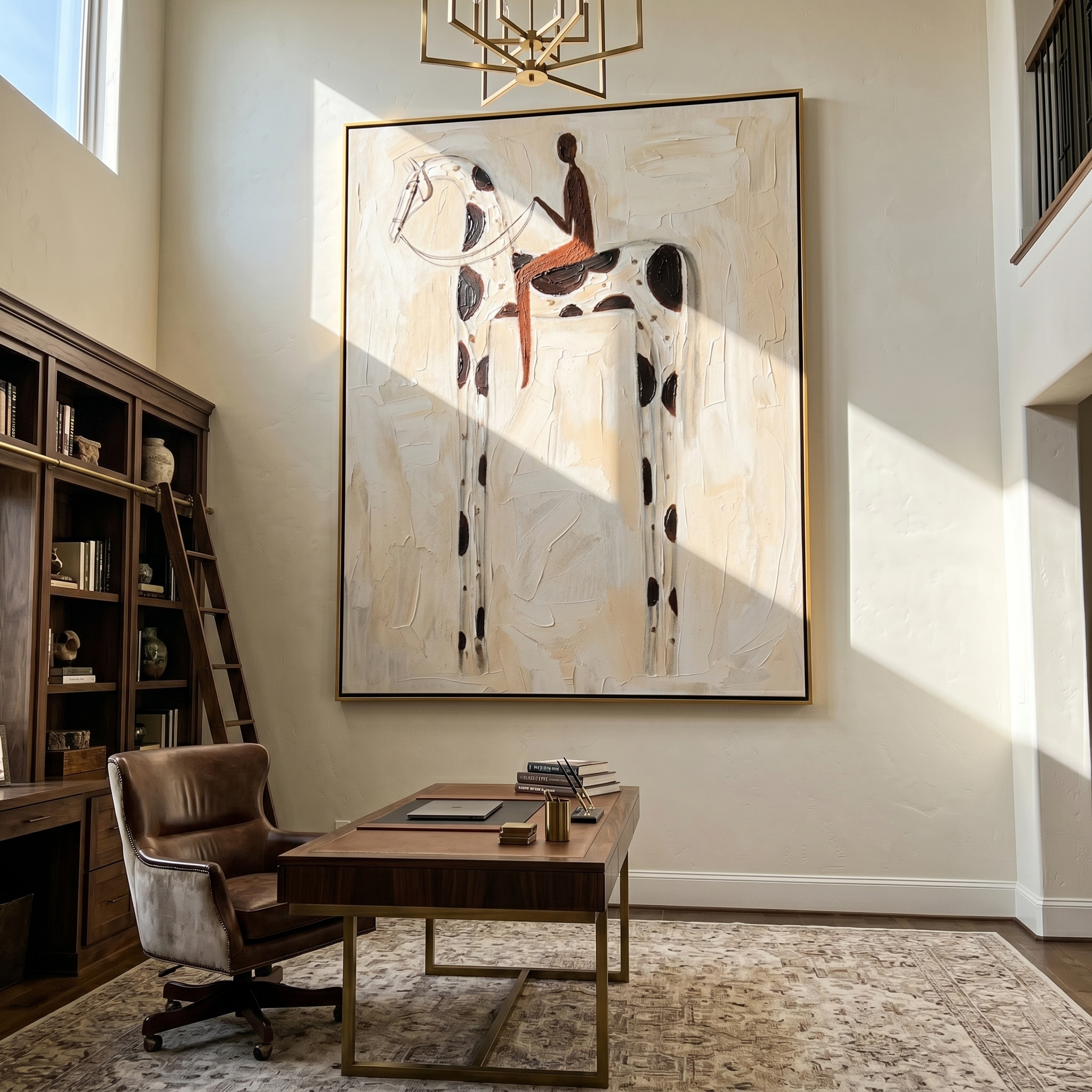 White Horse Carries Shadow — brown and gray modern figurative vintage americana art, set of 2 hand-painted canvas art – view 5