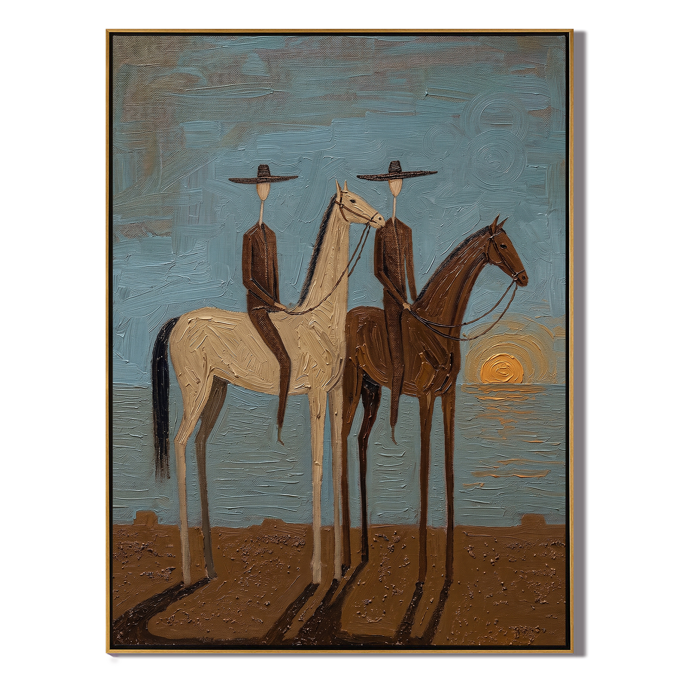 Two Riders Catch Sunset — gray and brown and blue modern figurative vintage americana art, set of 2 hand-painted canvas art – view 1
