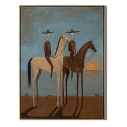 Two Riders Catch Sunset — gray and brown and blue modern figurative vintage americana art, set of 2 hand-painted canvas art – view 1