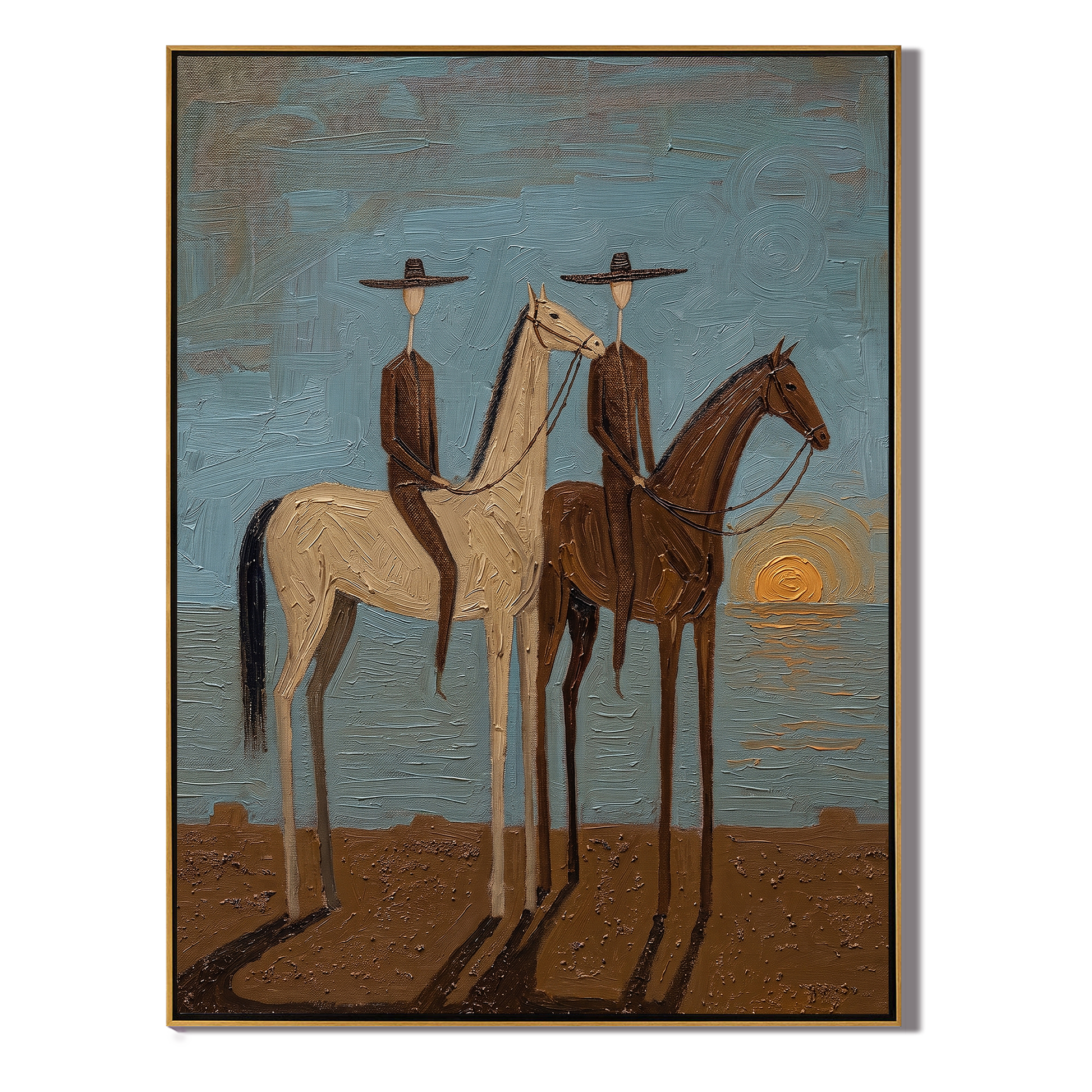 Two Riders Catch Sunset — gray and brown and blue modern figurative vintage americana art, set of 2 hand-painted canvas art – view 1