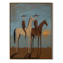 Two Riders Catch Sunset — gray and brown and blue modern figurative vintage americana art, set of 2 hand-painted canvas art – view 1