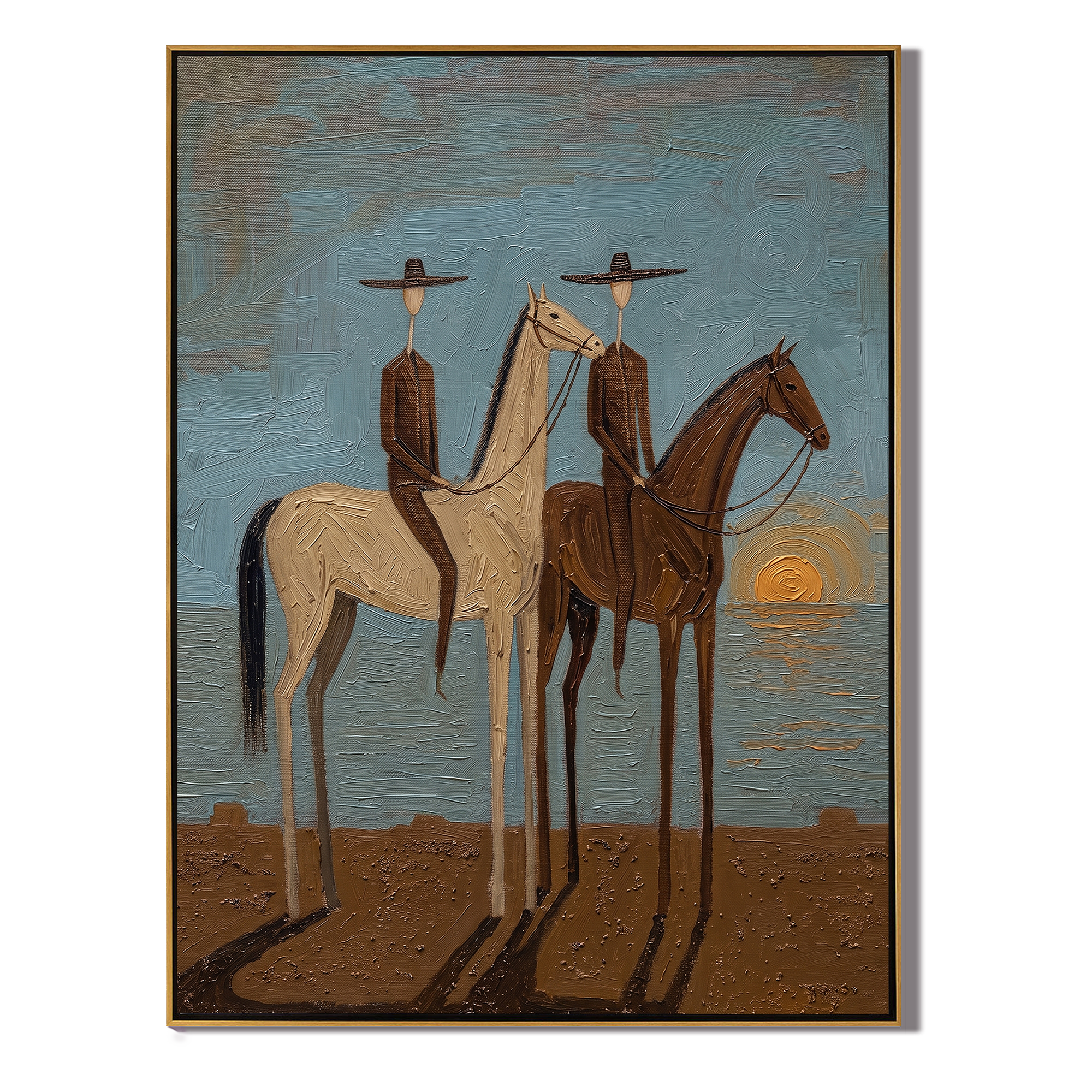 Two Riders Catch Sunset — gray and brown and blue modern figurative vintage americana art, set of 2 hand-painted canvas art – view 1