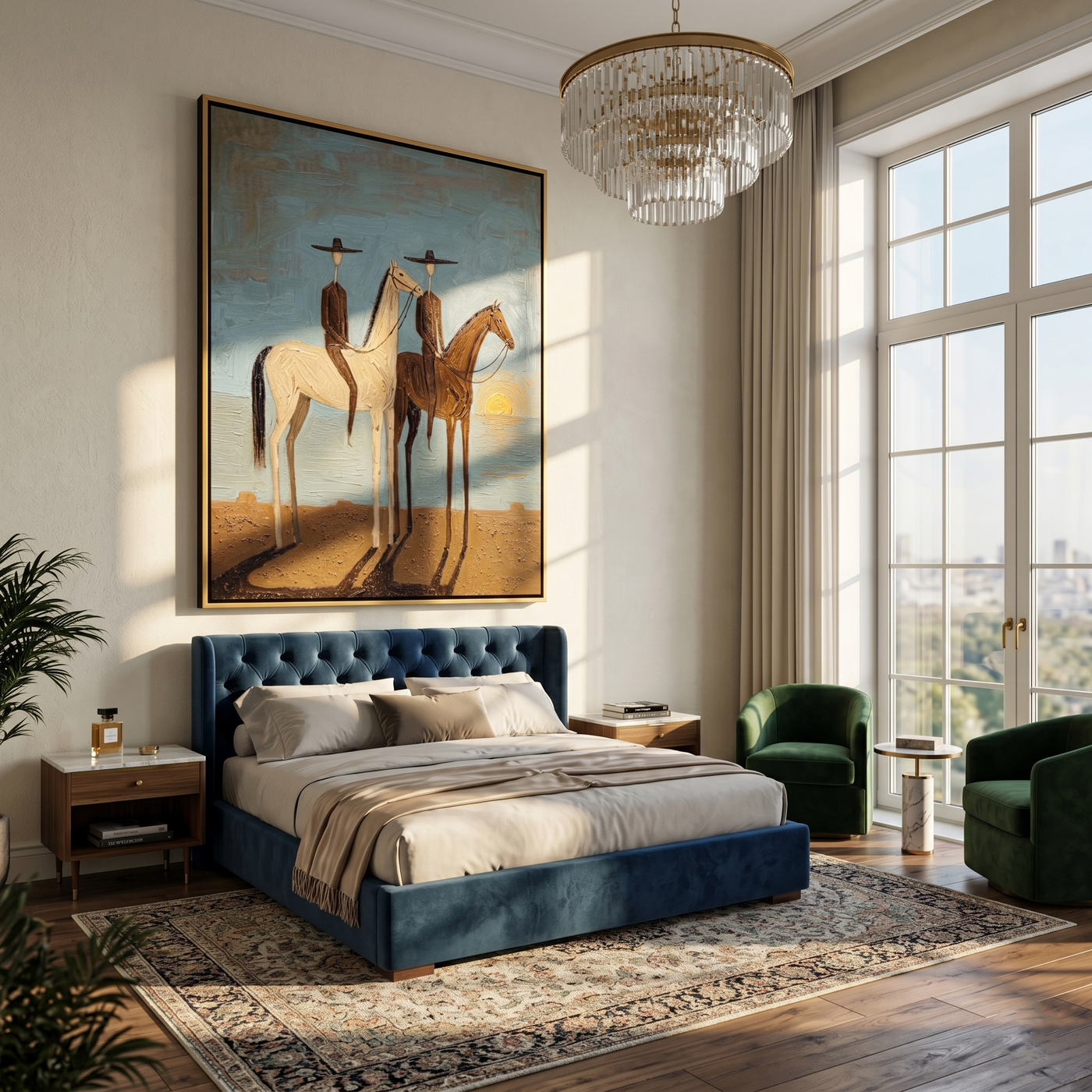 Two Riders Catch Sunset — gray and brown and blue modern figurative vintage americana art, set of 2 hand-painted canvas art – view 2