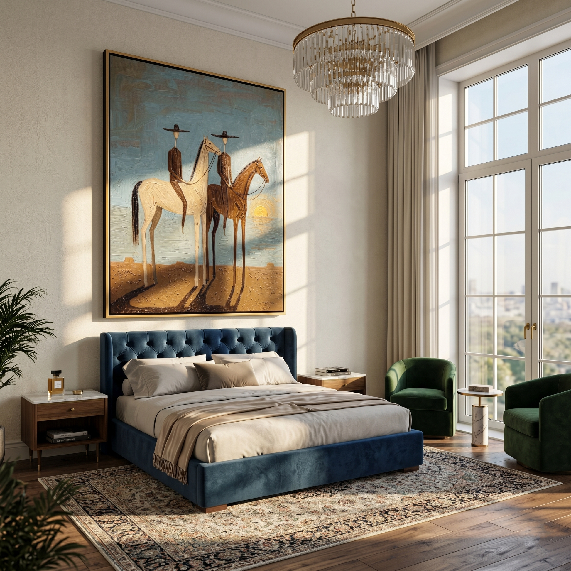 Two Riders Catch Sunset — gray and brown and blue modern figurative vintage americana art, set of 2 hand-painted canvas art – view 2