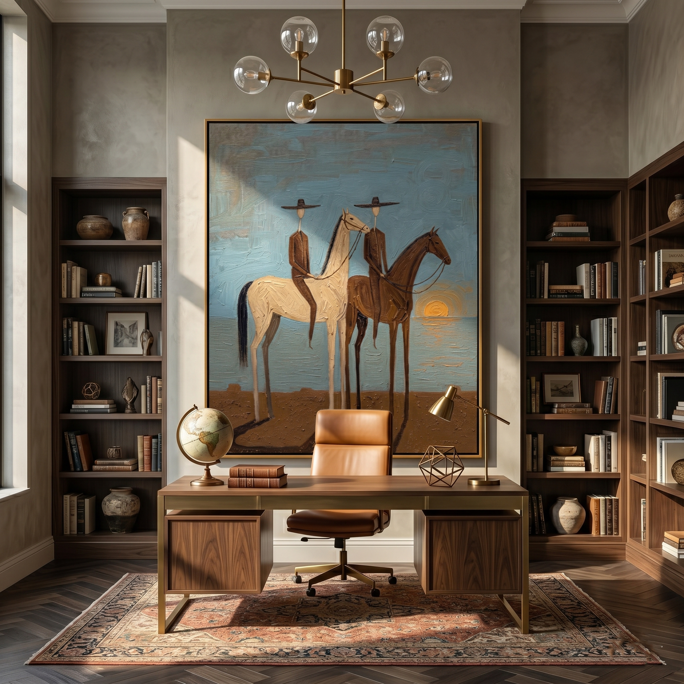 Two Riders Catch Sunset — gray and brown and blue modern figurative vintage americana art, set of 2 hand-painted canvas art – view 4