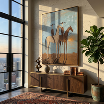 Two Riders Catch Sunset — gray and brown and blue modern figurative vintage americana art, set of 2 hand-painted canvas art – view 5