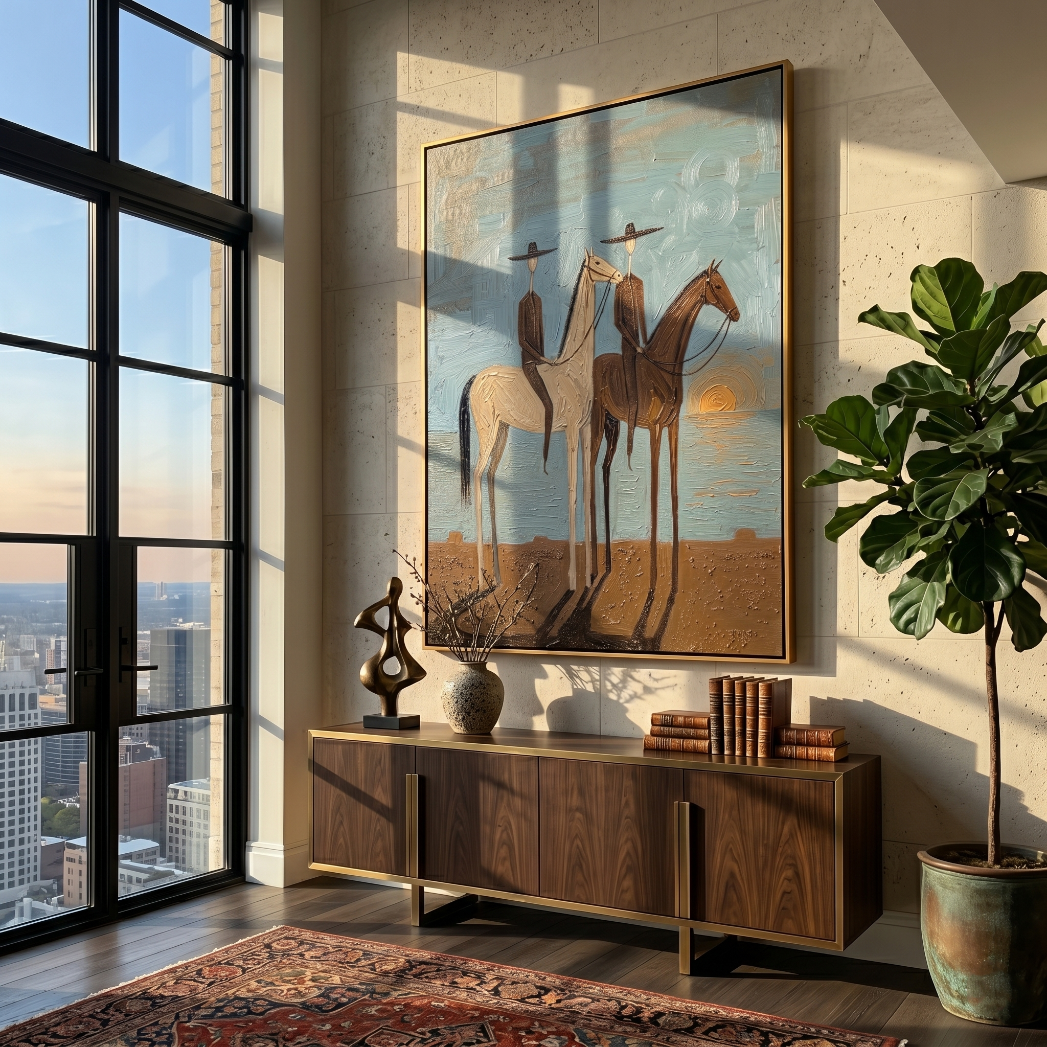 Two Riders Catch Sunset — gray and brown and blue modern figurative vintage americana art, set of 2 hand-painted canvas art – view 5