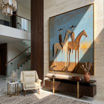 Two Riders Catch Sunset — gray and brown and blue modern figurative vintage americana art, set of 2 hand-painted canvas art – view 6