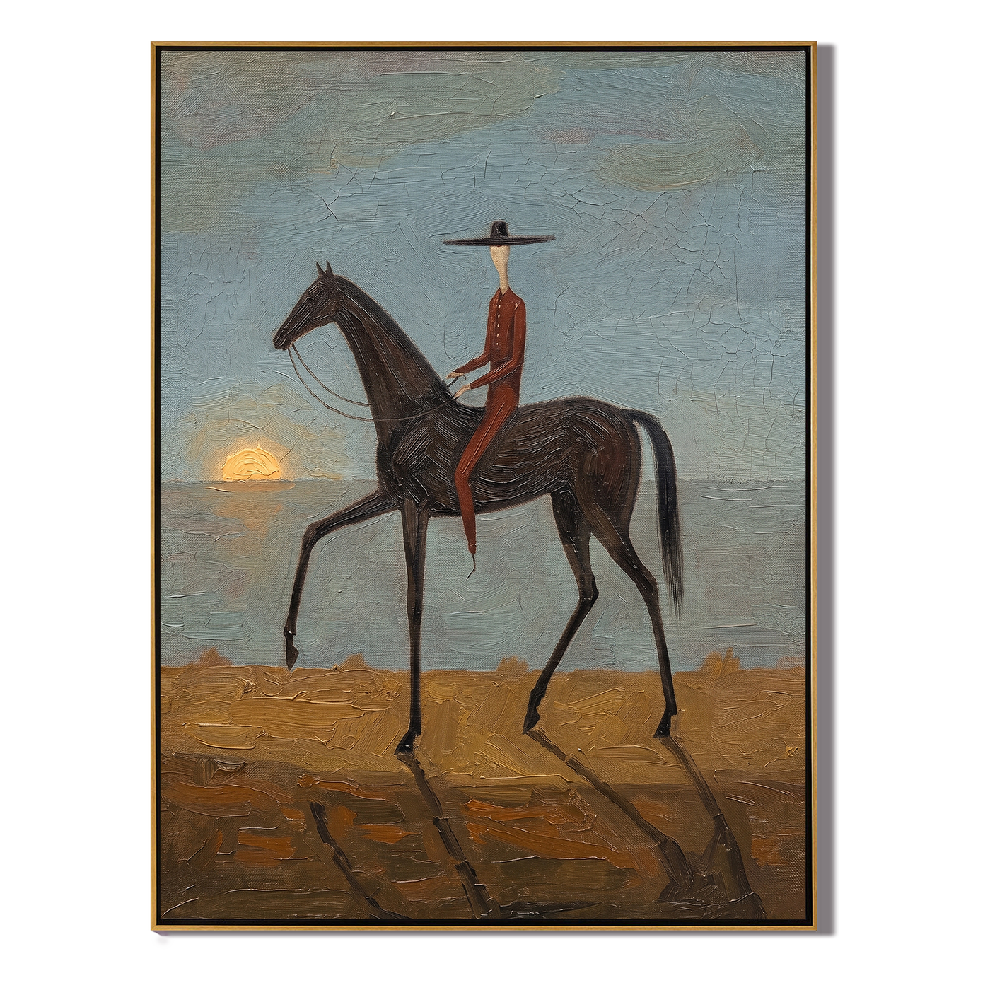 Black Horse Steps Home — gray and brown modern figurative vintage americana art, set of 2 hand-painted canvas art – view 1