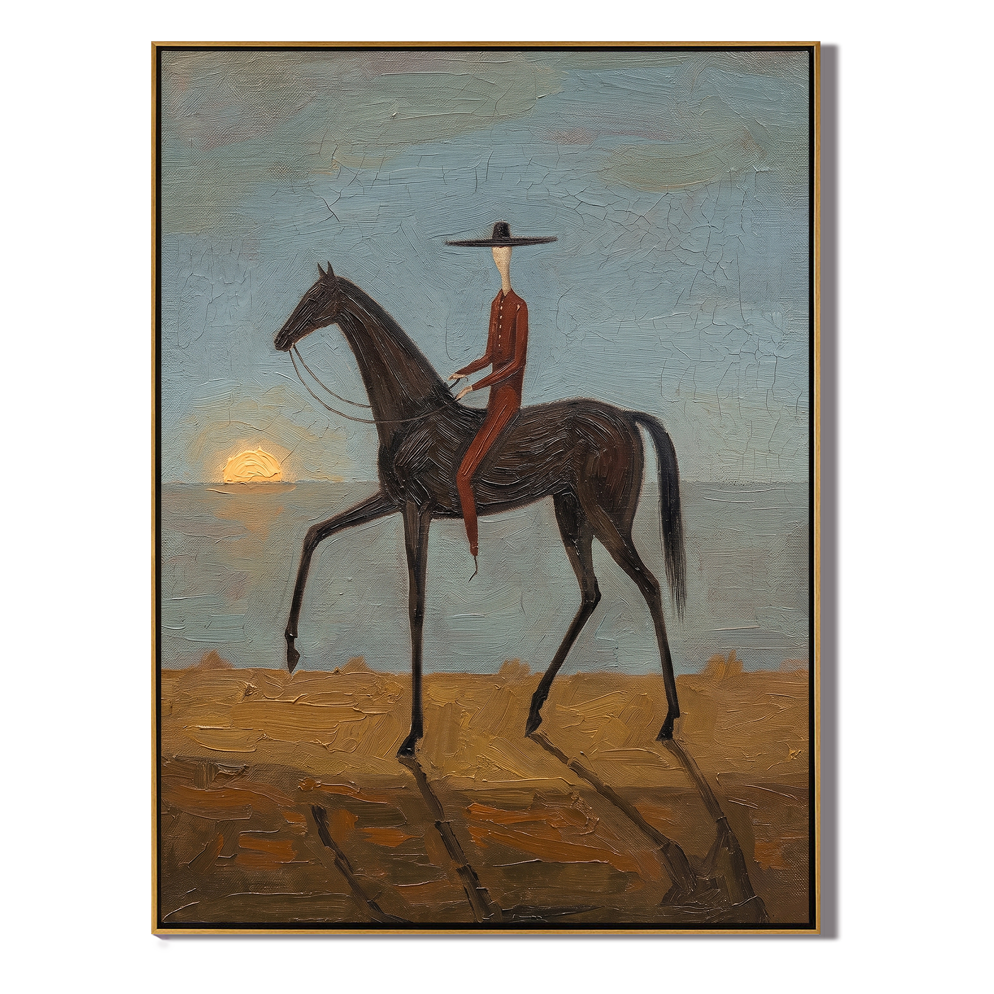 Black Horse Steps Home — gray and brown modern figurative vintage americana art, set of 2 hand-painted canvas art – view 1