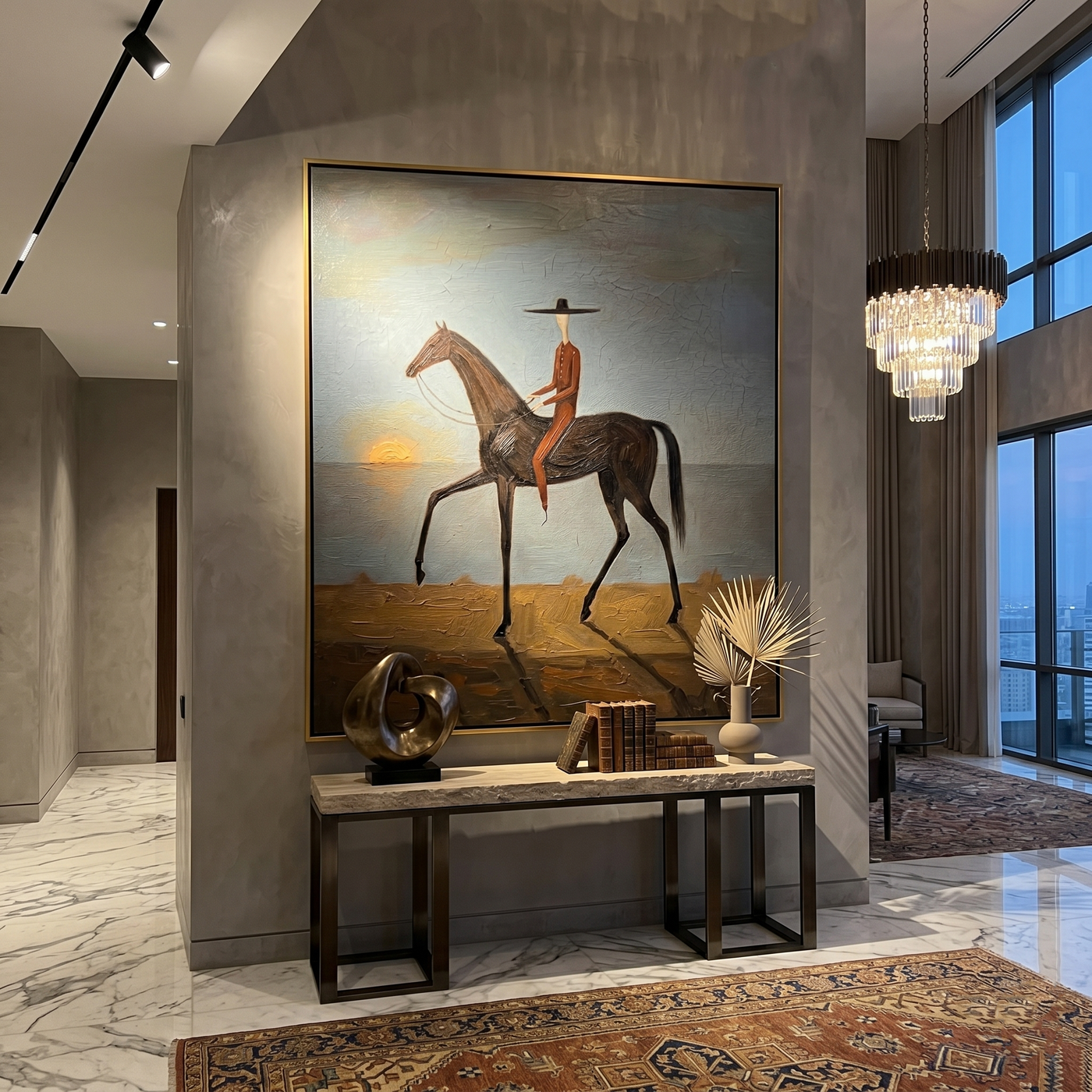 Black Horse Steps Home — gray and brown modern figurative vintage americana art, set of 2 hand-painted canvas art – view 3