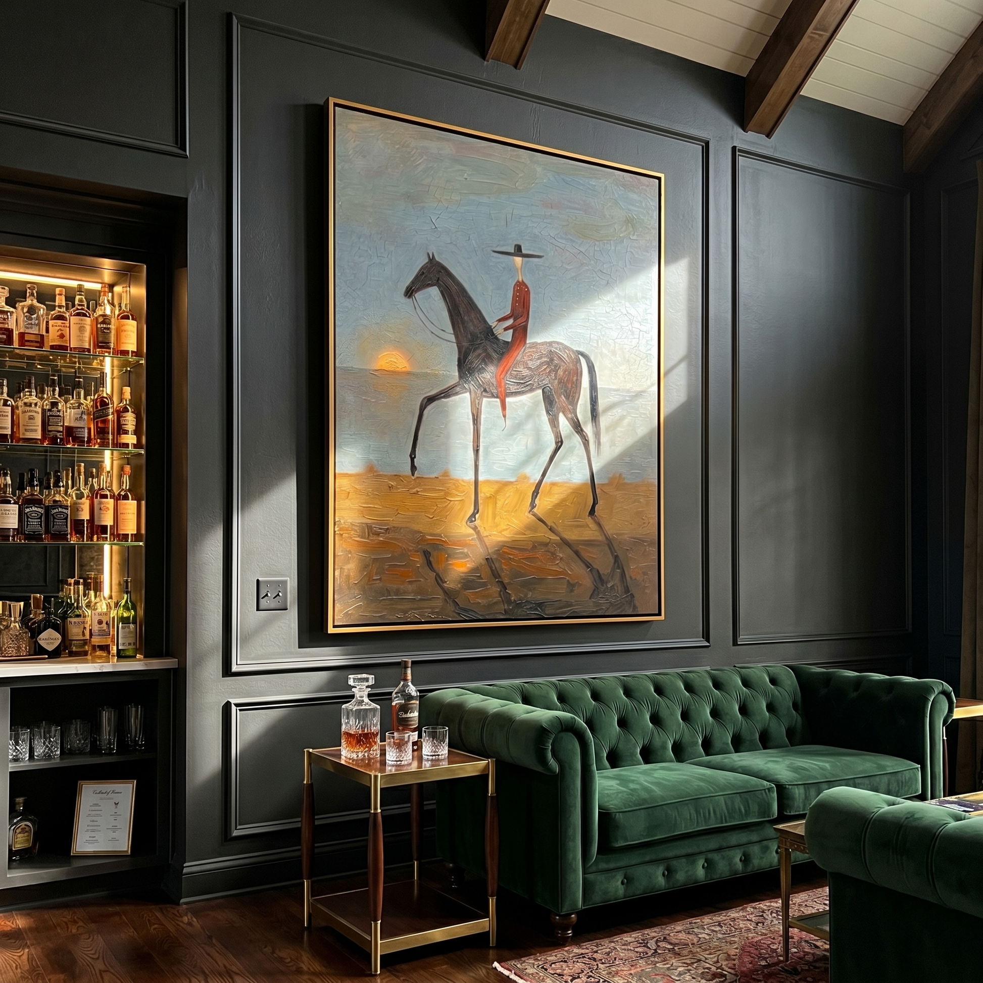 Black Horse Steps Home — gray and brown modern figurative vintage americana art, set of 2 hand-painted canvas art – view 5