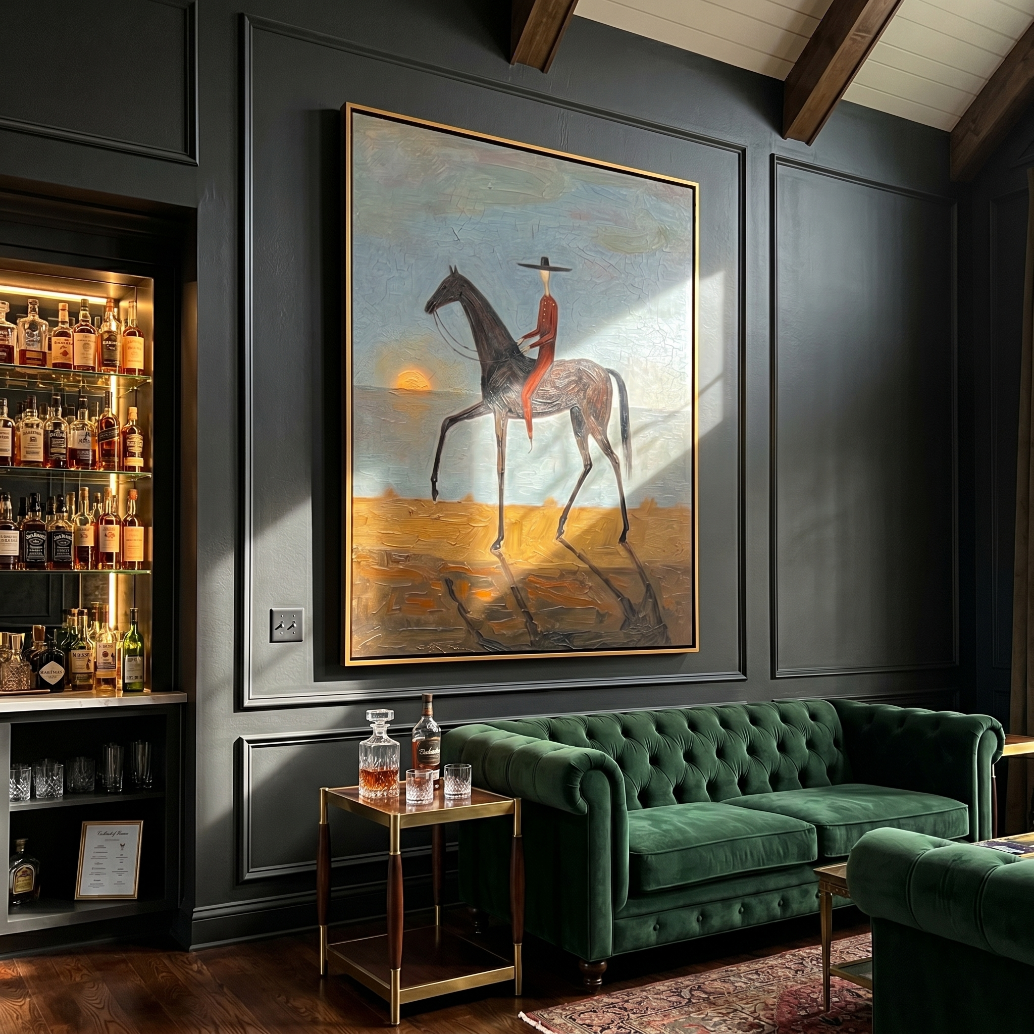 Black Horse Steps Home — gray and brown modern figurative vintage americana art, set of 2 hand-painted canvas art – view 5