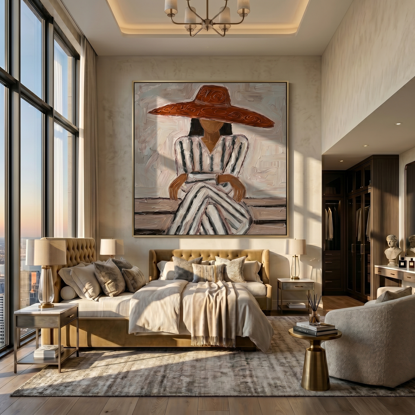 Striped Dress Under Terra — gray and brown modern figurative vintage americana art, set of 2 hand-painted canvas art – view 2