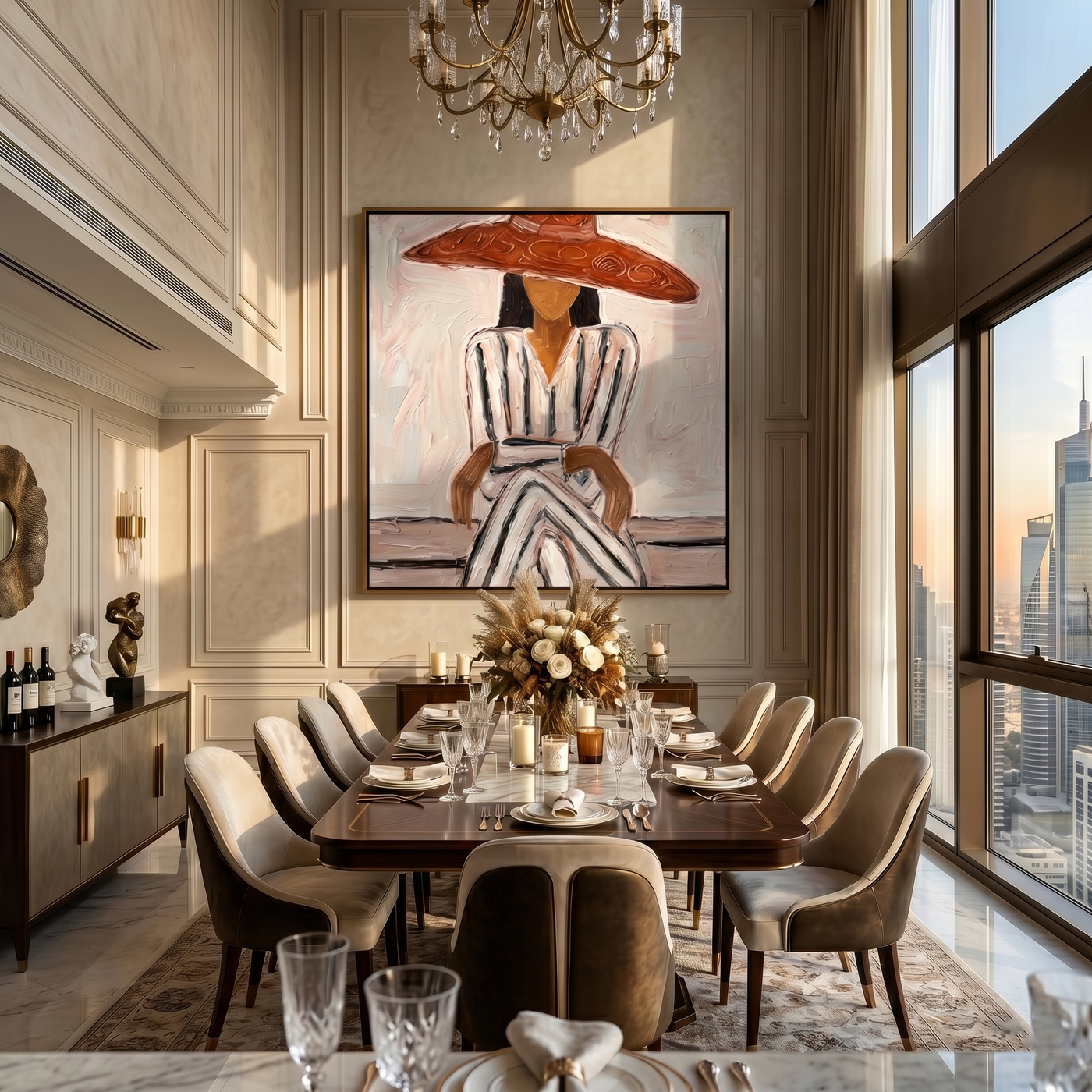 Striped Dress Under Terra — gray and brown modern figurative vintage americana art, set of 2 hand-painted canvas art – view 3