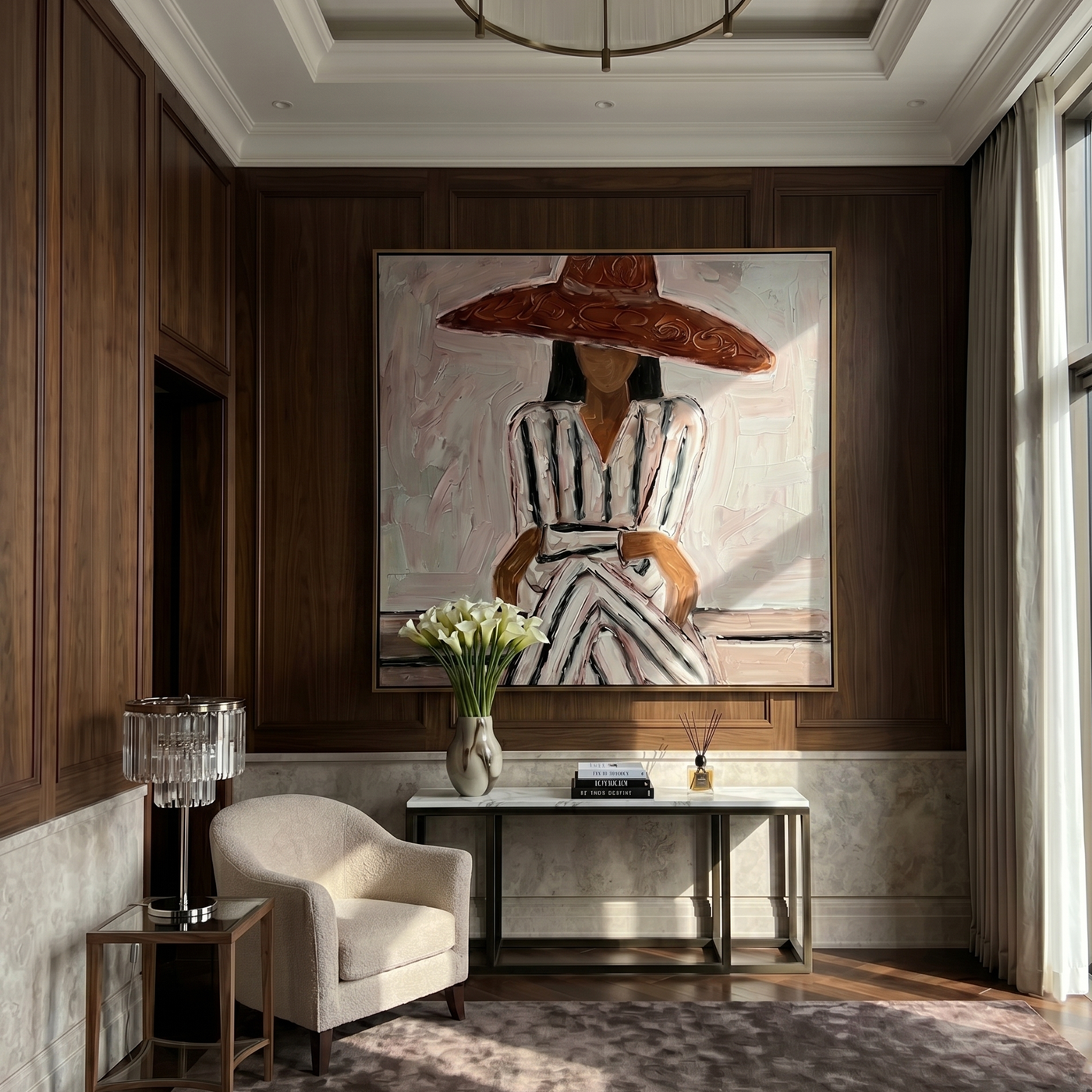 Striped Dress Under Terra — gray and brown modern figurative vintage americana art, set of 2 hand-painted canvas art – view 4