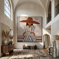 Striped Dress Under Terra — gray and brown modern figurative vintage americana art, set of 2 hand-painted canvas art – view 5