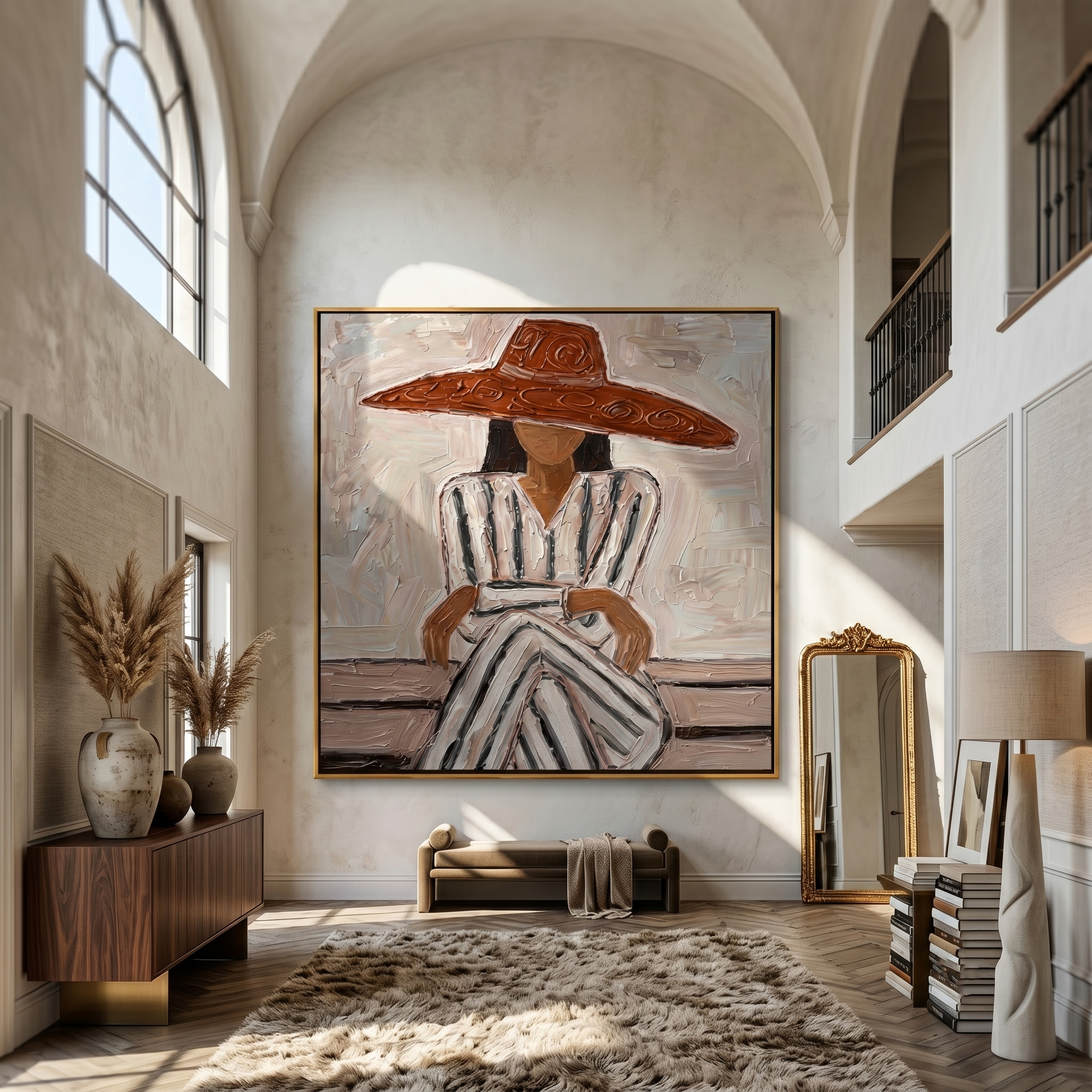 Striped Dress Under Terra — gray and brown modern figurative vintage americana art, set of 2 hand-painted canvas art – view 5