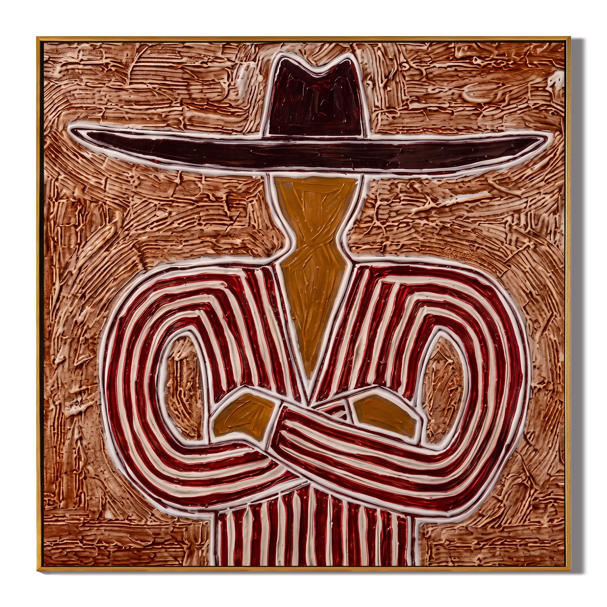Red Lines Hold Stillness — brown and red modern figurative vintage americana art, set of 2 hand-painted canvas art – view 1