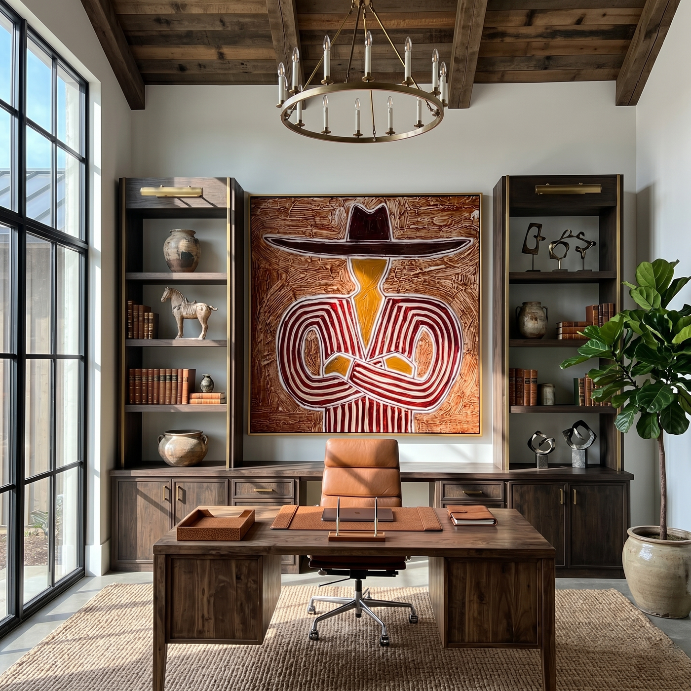 Red Lines Hold Stillness — brown and red modern figurative vintage americana art, set of 2 hand-painted canvas art – view 2