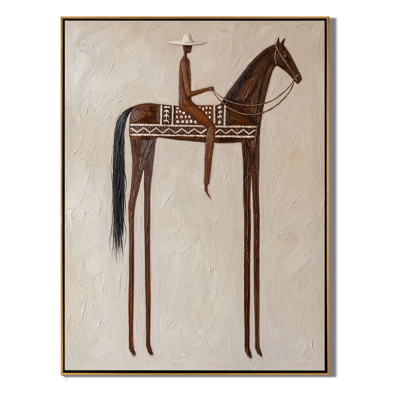 Brown Rider Measures Distance — gray and brown modern figurative vintage americana art, set of 2 hand-painted canvas art – view 1