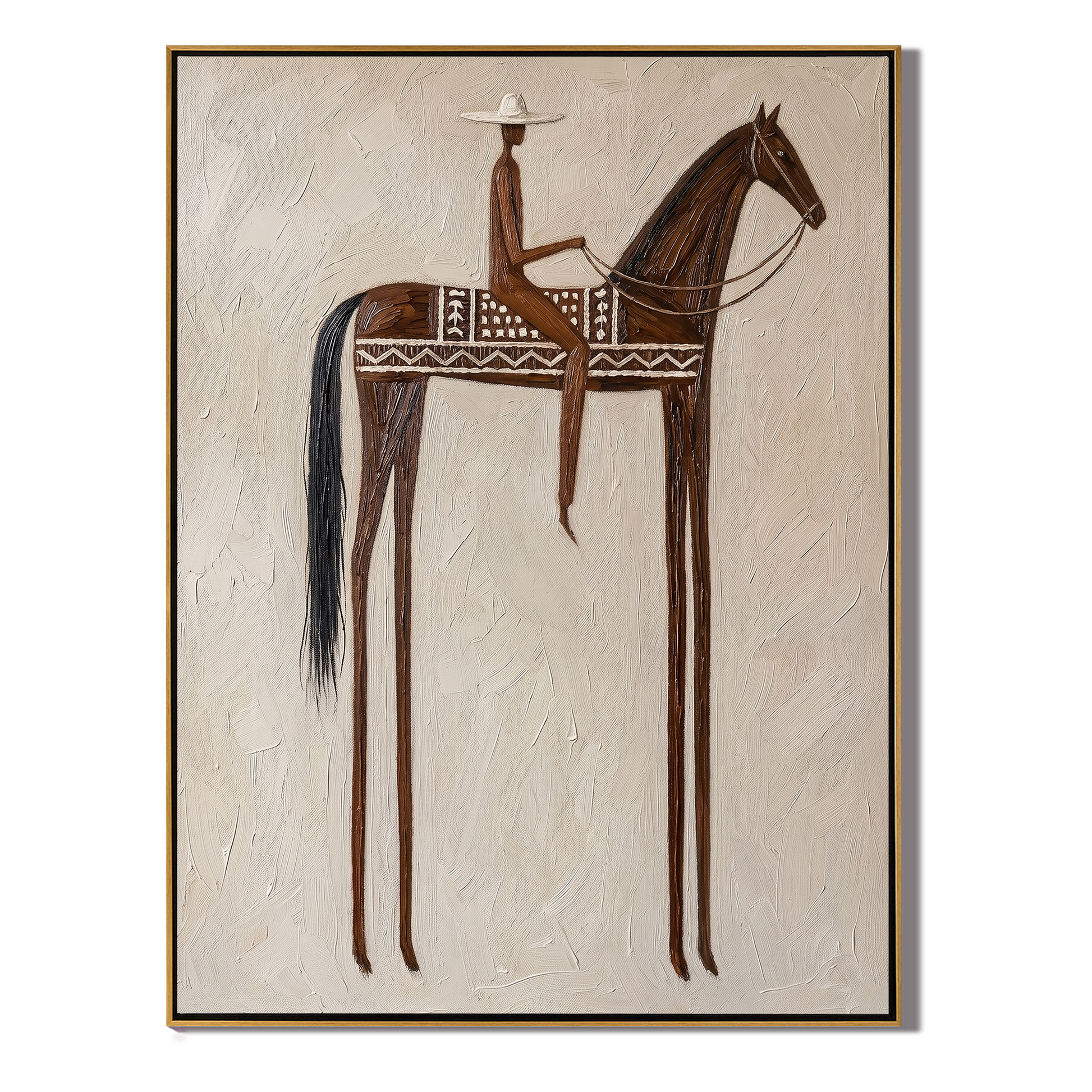 Brown Rider Measures Distance — gray and brown modern figurative vintage americana art, set of 2 hand-painted canvas art – view 1