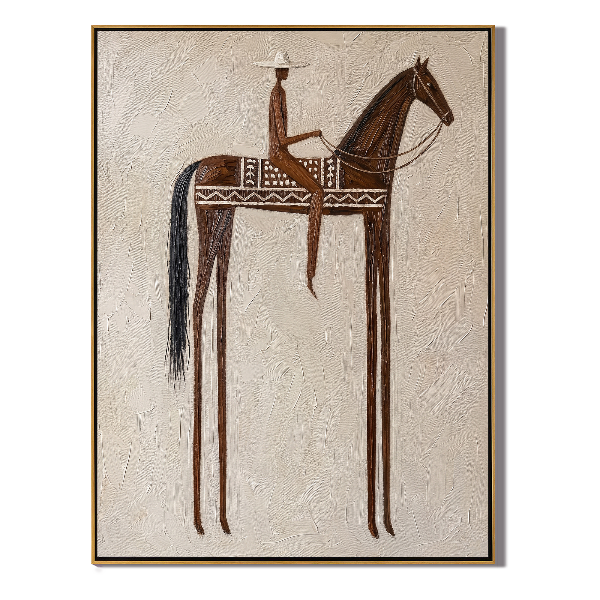 Brown Rider Measures Distance — gray and brown modern figurative vintage americana art, set of 2 hand-painted canvas art – view 1