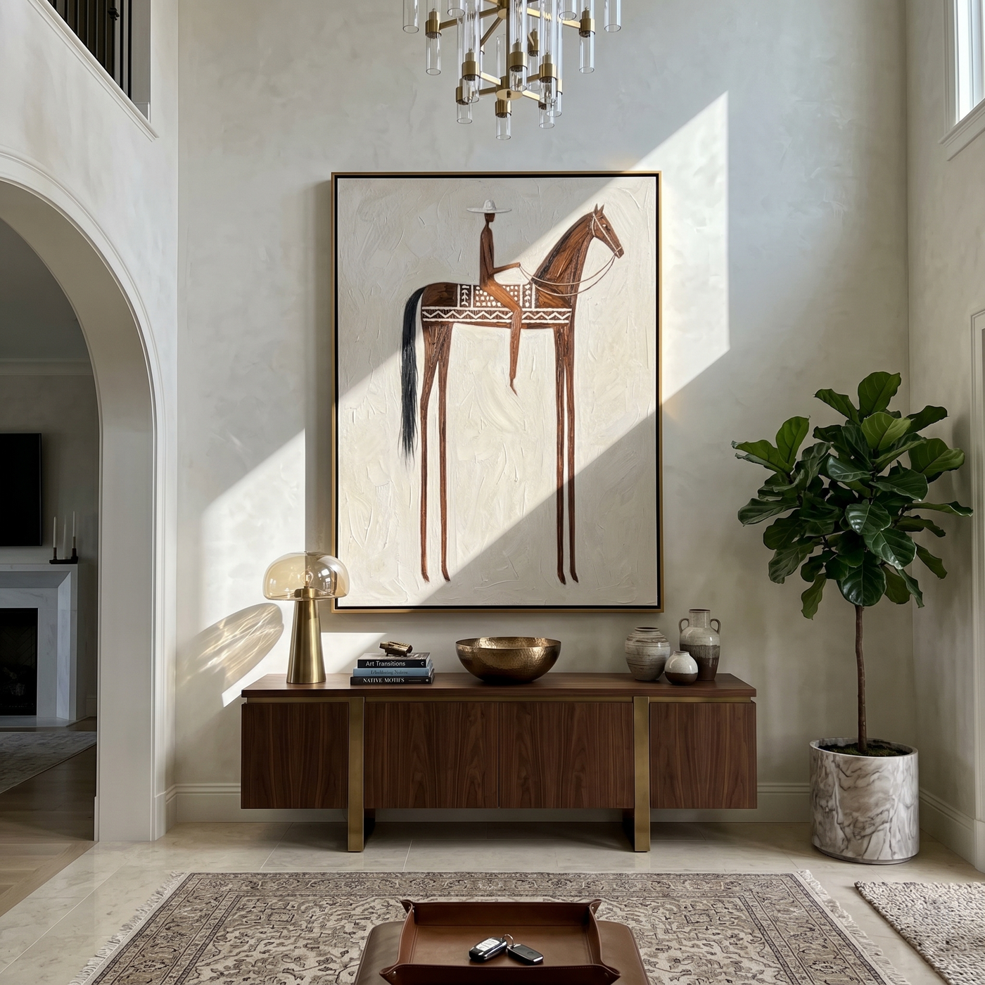 Brown Rider Measures Distance — gray and brown modern figurative vintage americana art, set of 2 hand-painted canvas art – view 2