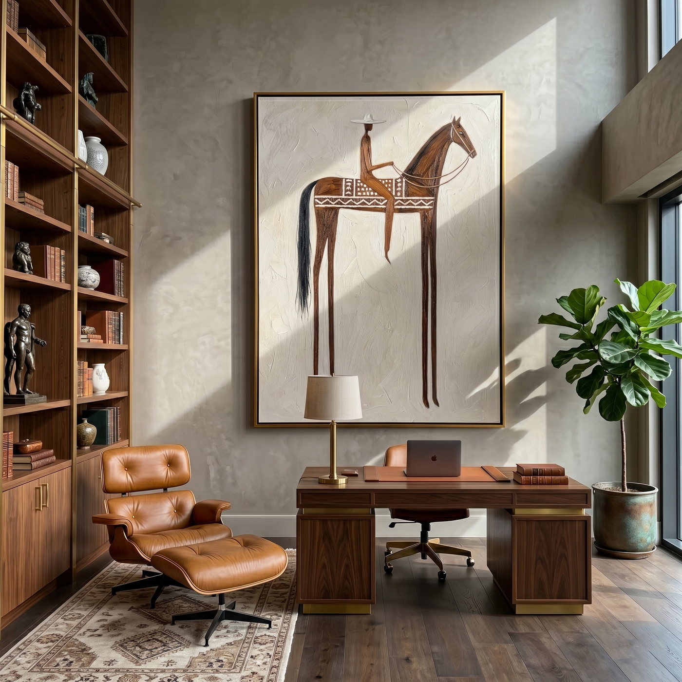 Brown Rider Measures Distance — gray and brown modern figurative vintage americana art, set of 2 hand-painted canvas art – view 4