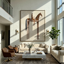 Brown Rider Measures Distance — gray and brown modern figurative vintage americana art, set of 2 hand-painted canvas art – view 6